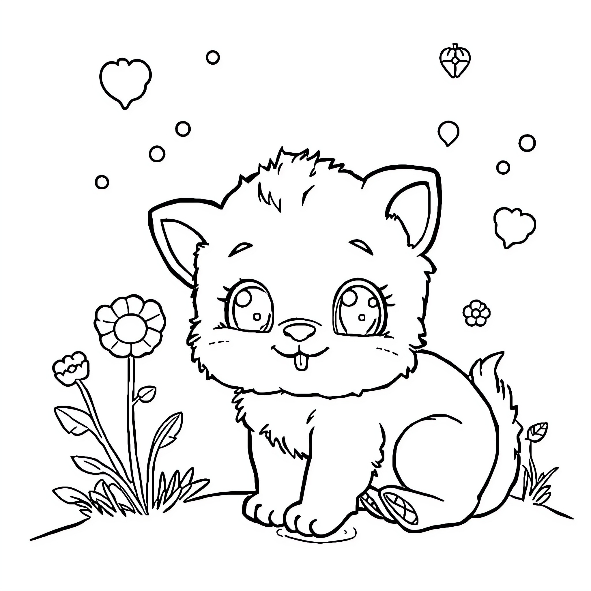 Baby Cute Kitten Playing in Flowers Coloring Page (free black-and-white line drawing printable PDF for all, from beginners to advanced learners, including children, teens, adults, and seniors)