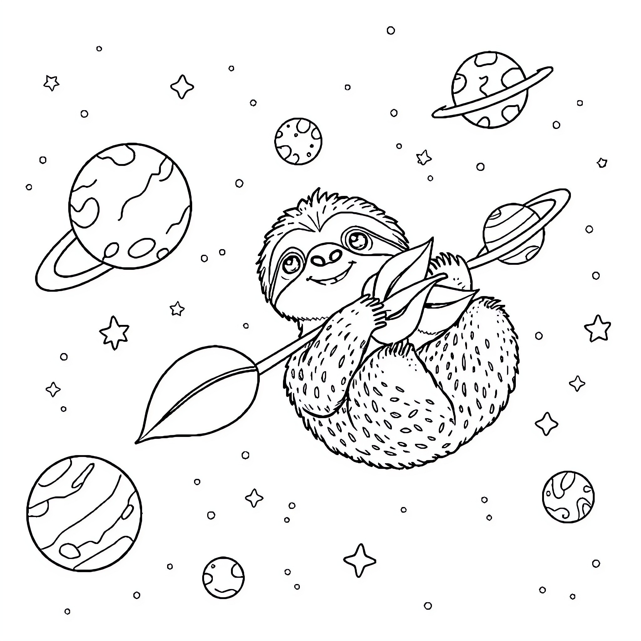 Sloth exploring the cosmic planets and stars Coloring Page (free black-and-white line drawing printable PDF for all, from beginners to advanced learners, including children, teens, adults, and seniors)