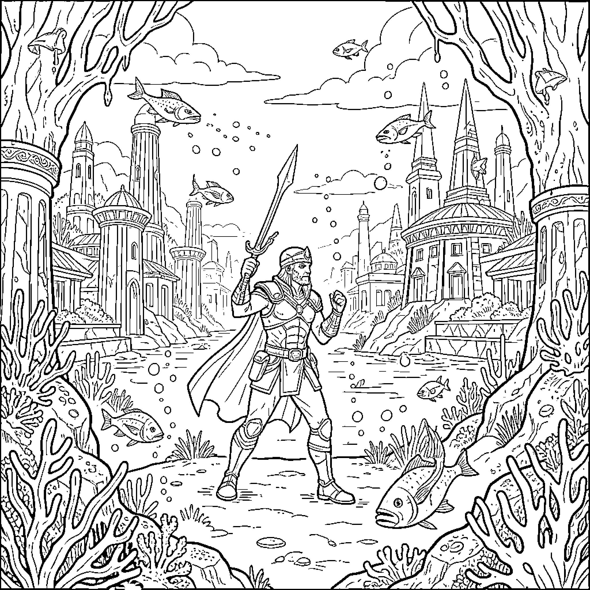 Captain Nemo standing heroically with a sword near underwater architecture Coloring Page (free black-and-white line drawing printable PDF for all, from beginners to advanced learners, including children, teens, adults, and seniors)
