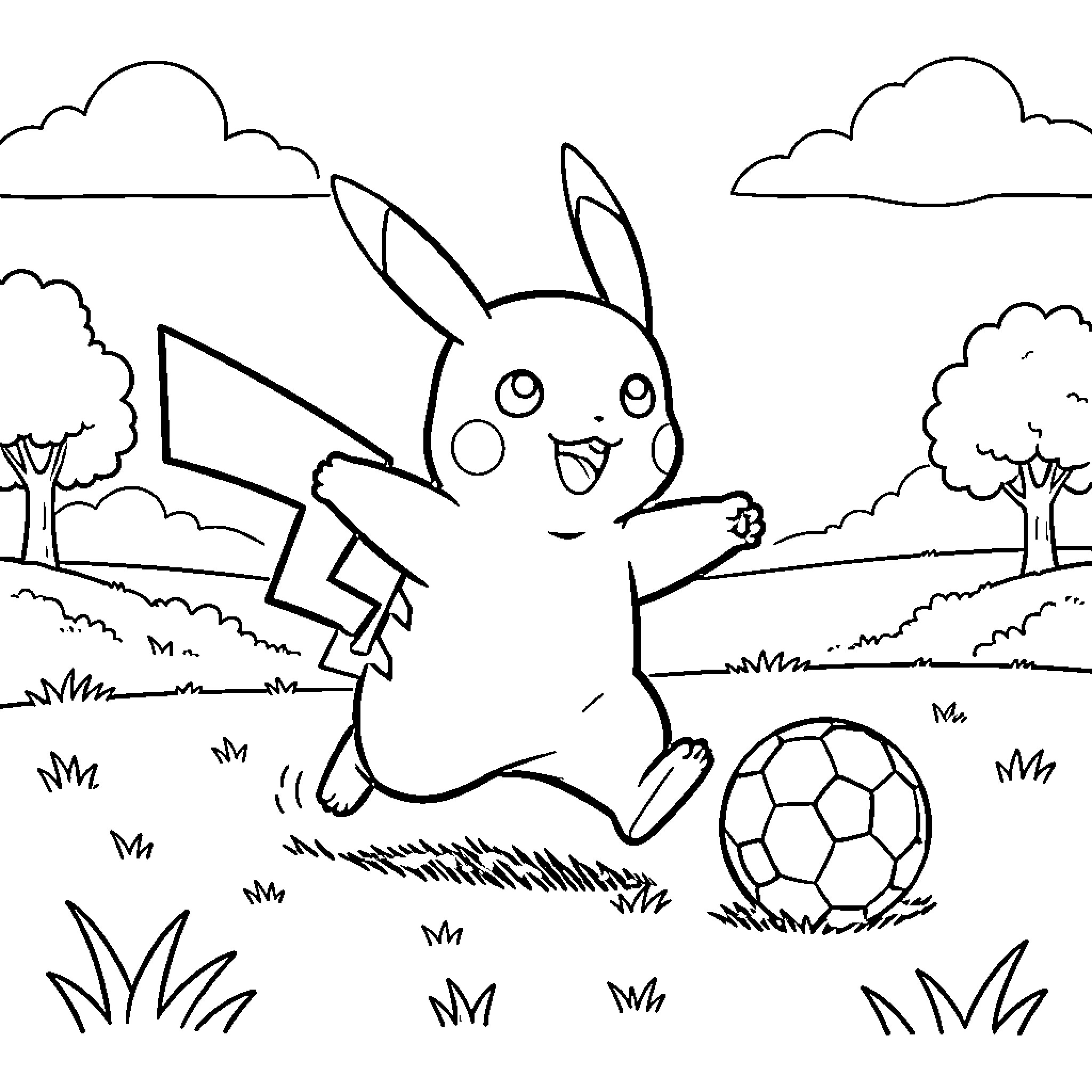 Pikachu playing soccer in a grassy field Coloring Page (free black-and-white line drawing printable PDF for all, from beginners to advanced learners, including children, teens, adults, and seniors)