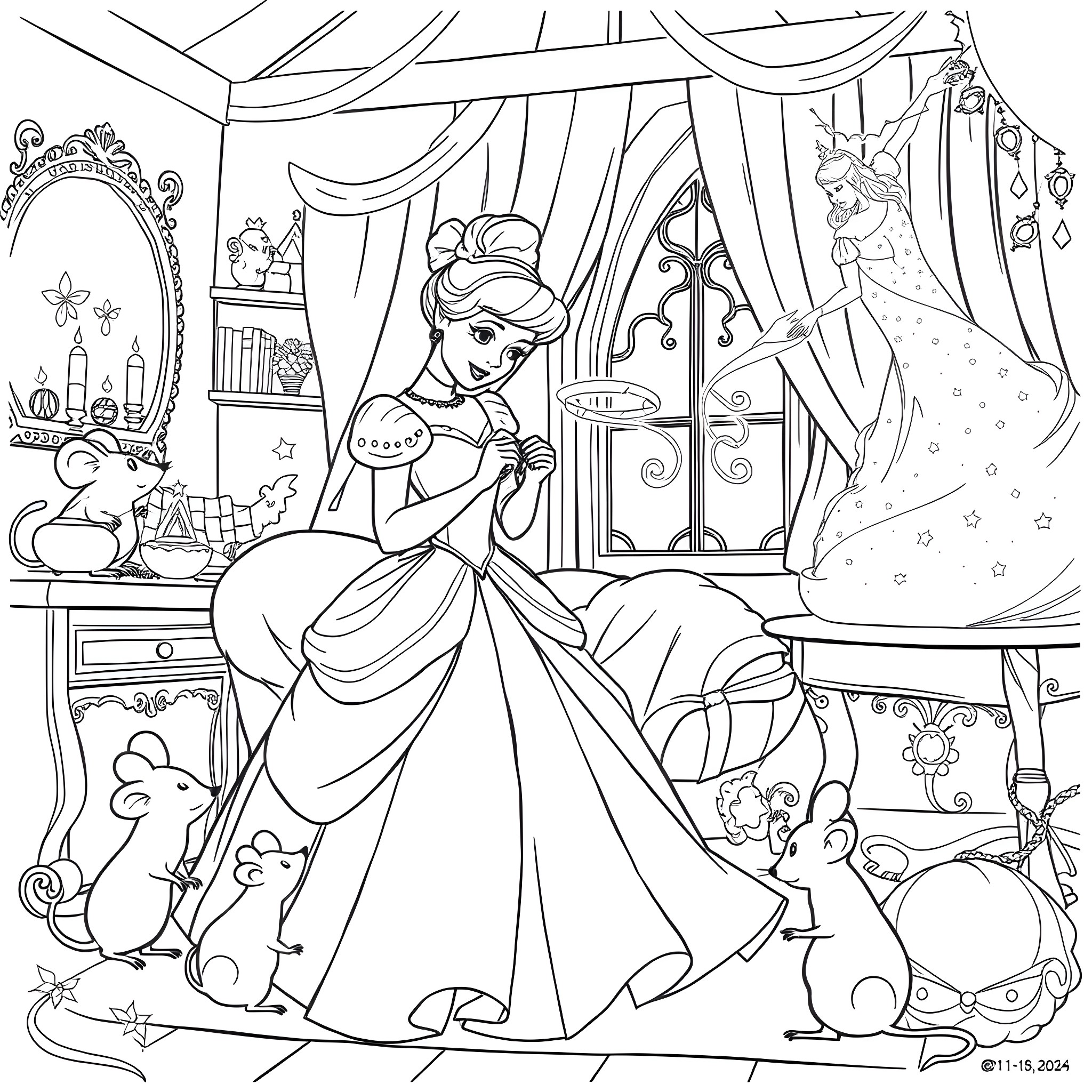Cinderella preparing for the ball in her bedroom Coloring Page (free black-and-white line drawing printable PDF for all, from beginners to advanced learners, including children, teens, adults, and seniors)