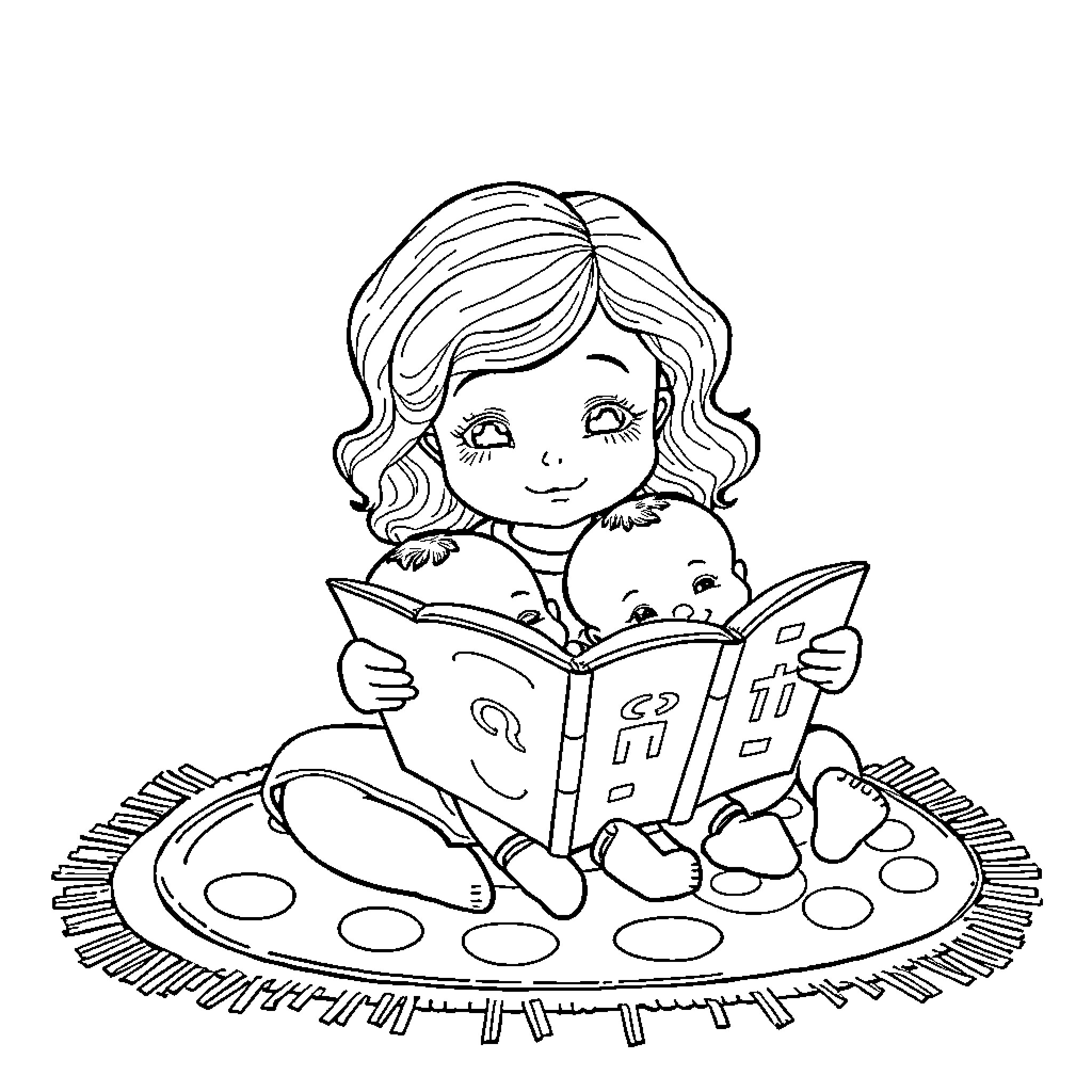 Girl reading story book to her doll Coloring Page (free black-and-white line drawing printable PDF for all, from beginners to advanced learners, including children, teens, adults, and seniors)