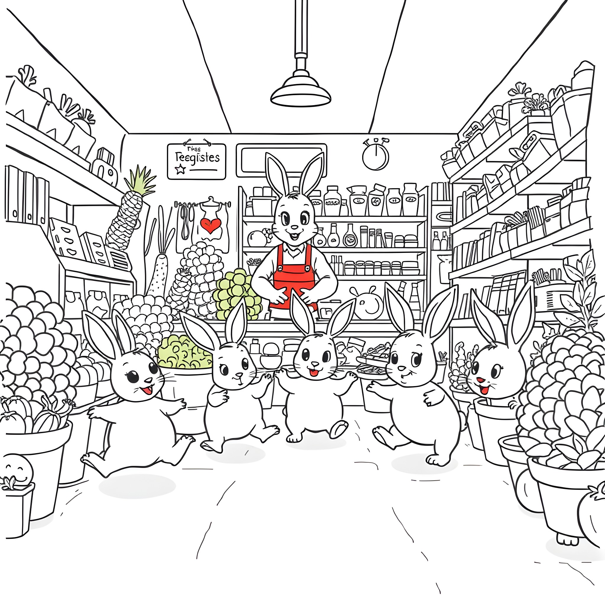 Bunny Shopkeepers and Customers in a Busy Grocery Store Coloring Page (free black-and-white line drawing printable PDF for all, from beginners to advanced learners, including children, teens, adults, and seniors)