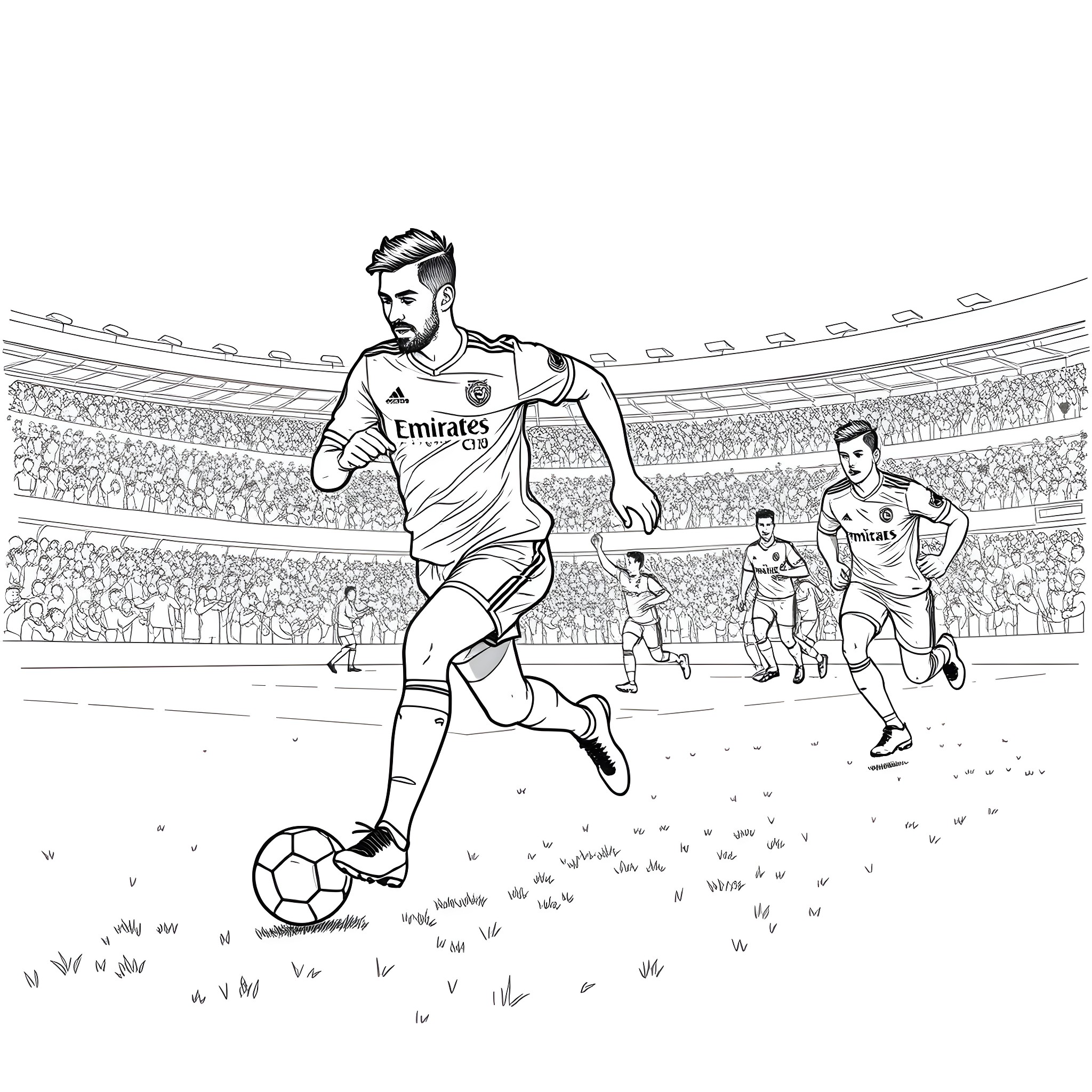 Mo Salah in action on the soccer field Coloring Page (free black-and-white line drawing printable PDF for all, from beginners to advanced learners, including children, teens, adults, and seniors)