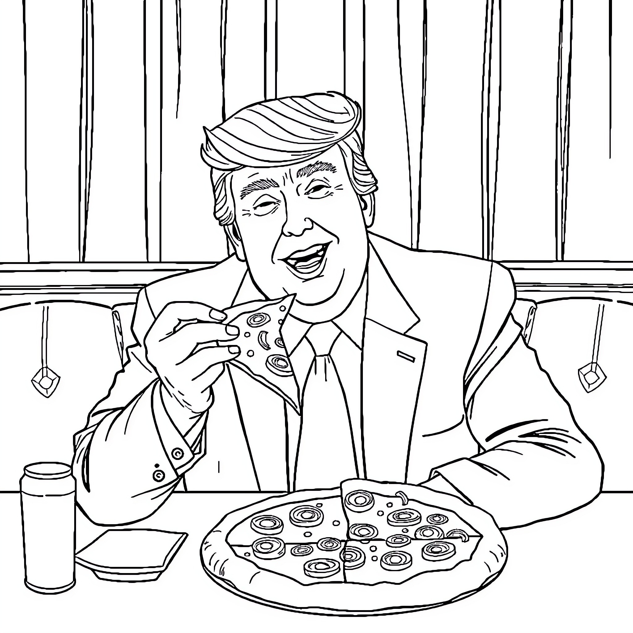 President enjoying pizza in the office Coloring Page (free black-and-white line drawing printable PDF for all, from beginners to advanced learners, including children, teens, adults, and seniors)