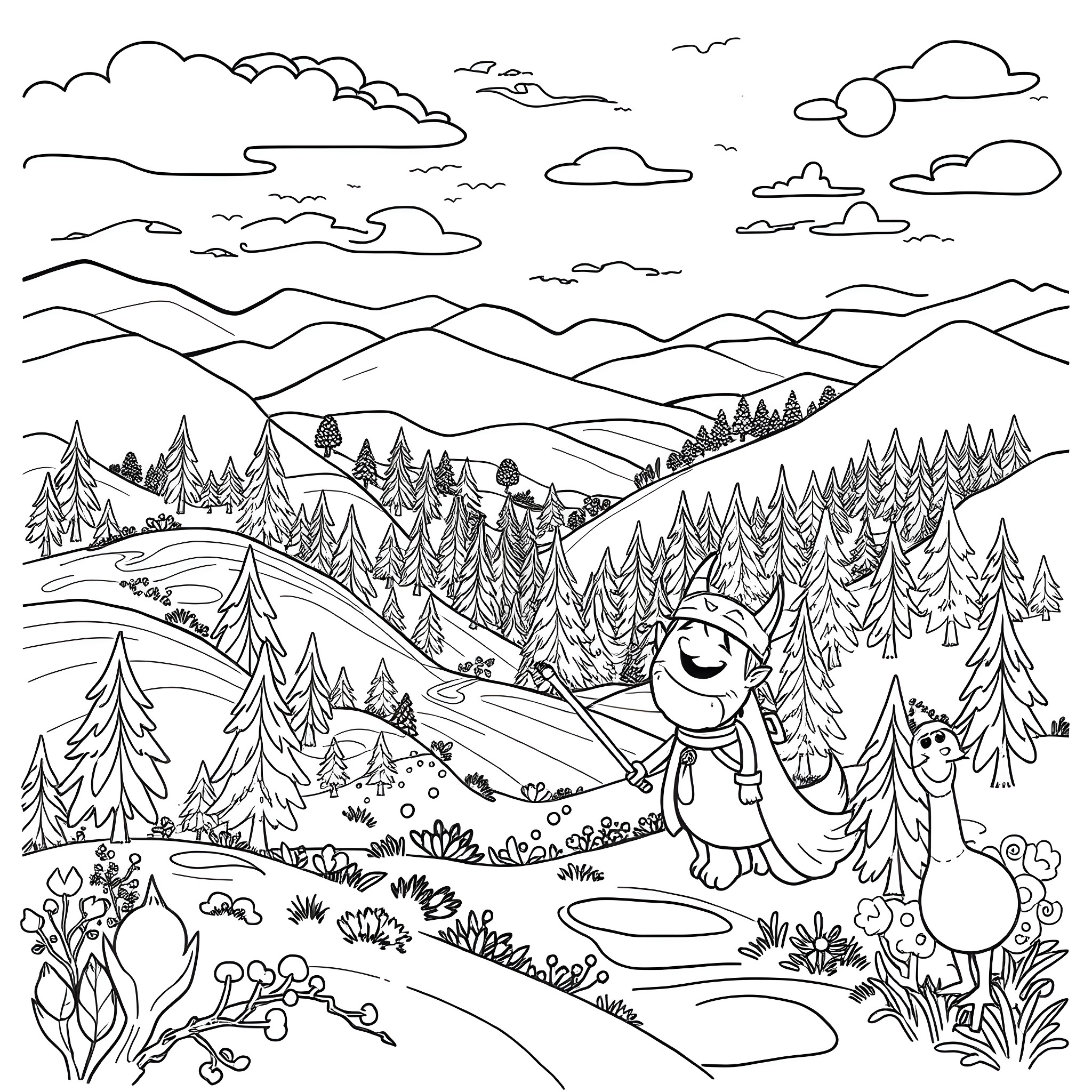 Adventure Time in the Enchanted Forest Coloring Page (free black-and-white line drawing printable PDF for all, from beginners to advanced learners, including children, teens, adults, and seniors)