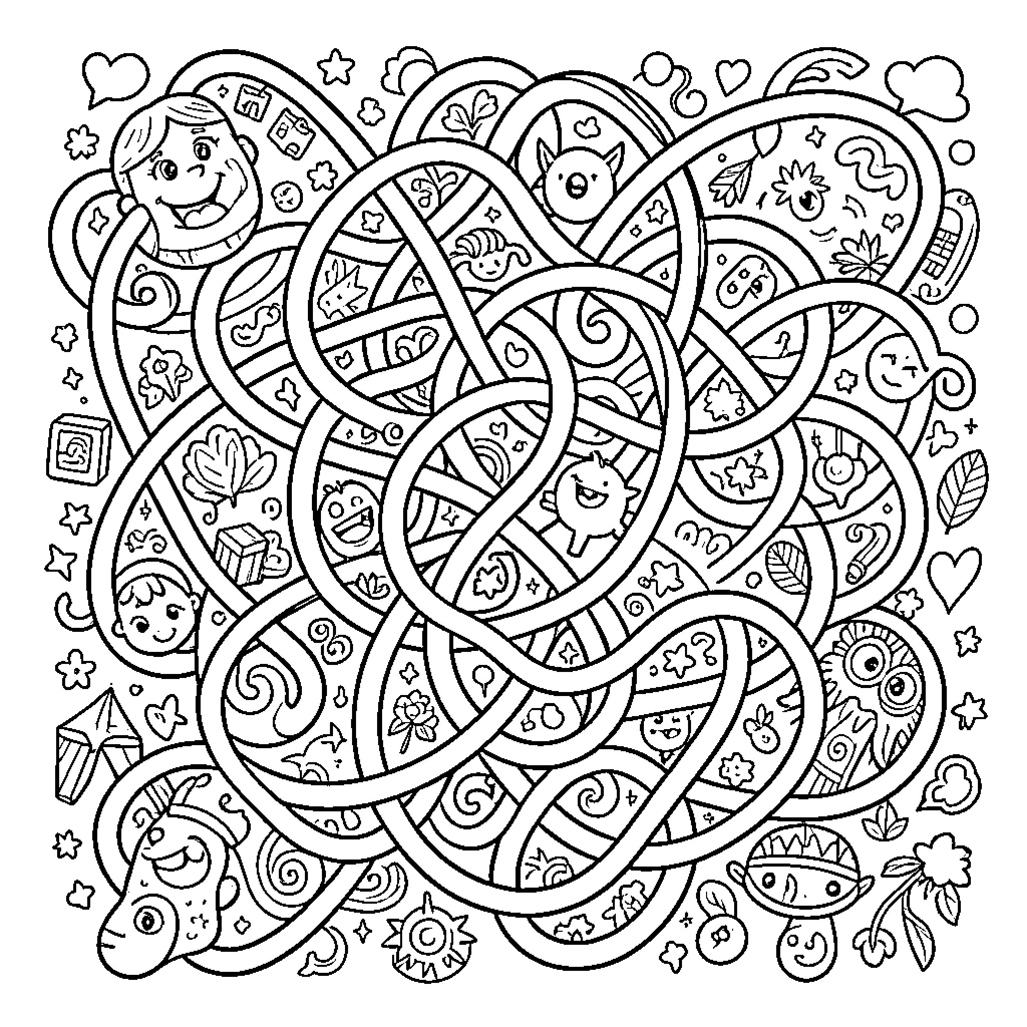 Doodle of Playful Patterns and Shapes Coloring Page (free black-and-white line drawing printable PDF for all, from beginners to advanced learners, including children, teens, adults, and seniors)