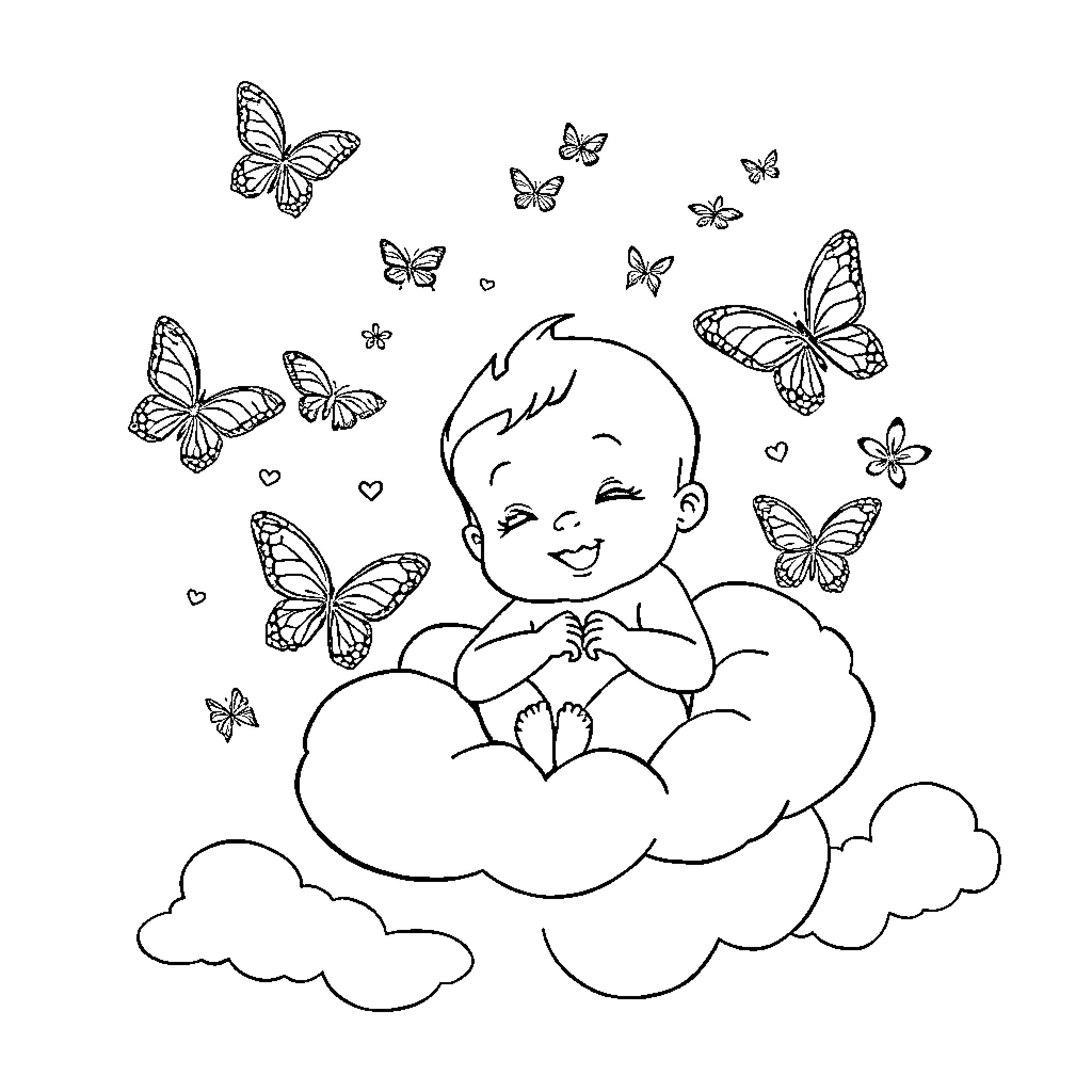 Baby Boy Sitting Happily on Cloud with Butterflies Coloring Page (free black-and-white line drawing printable PDF for all, from beginners to advanced learners, including children, teens, adults, and seniors)