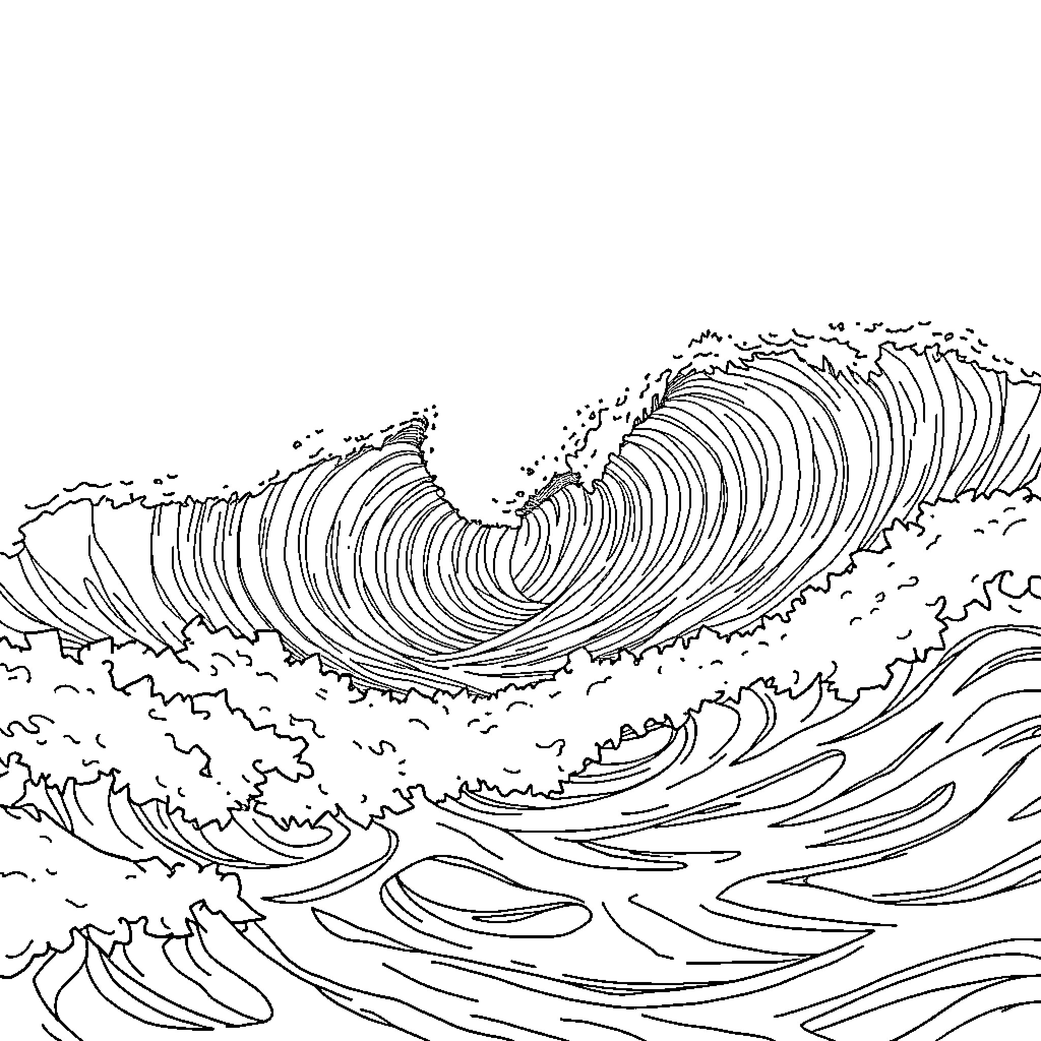 Surf the majestic ocean waves Coloring Page (free black-and-white line drawing printable PDF for all, from beginners to advanced learners, including children, teens, adults, and seniors)