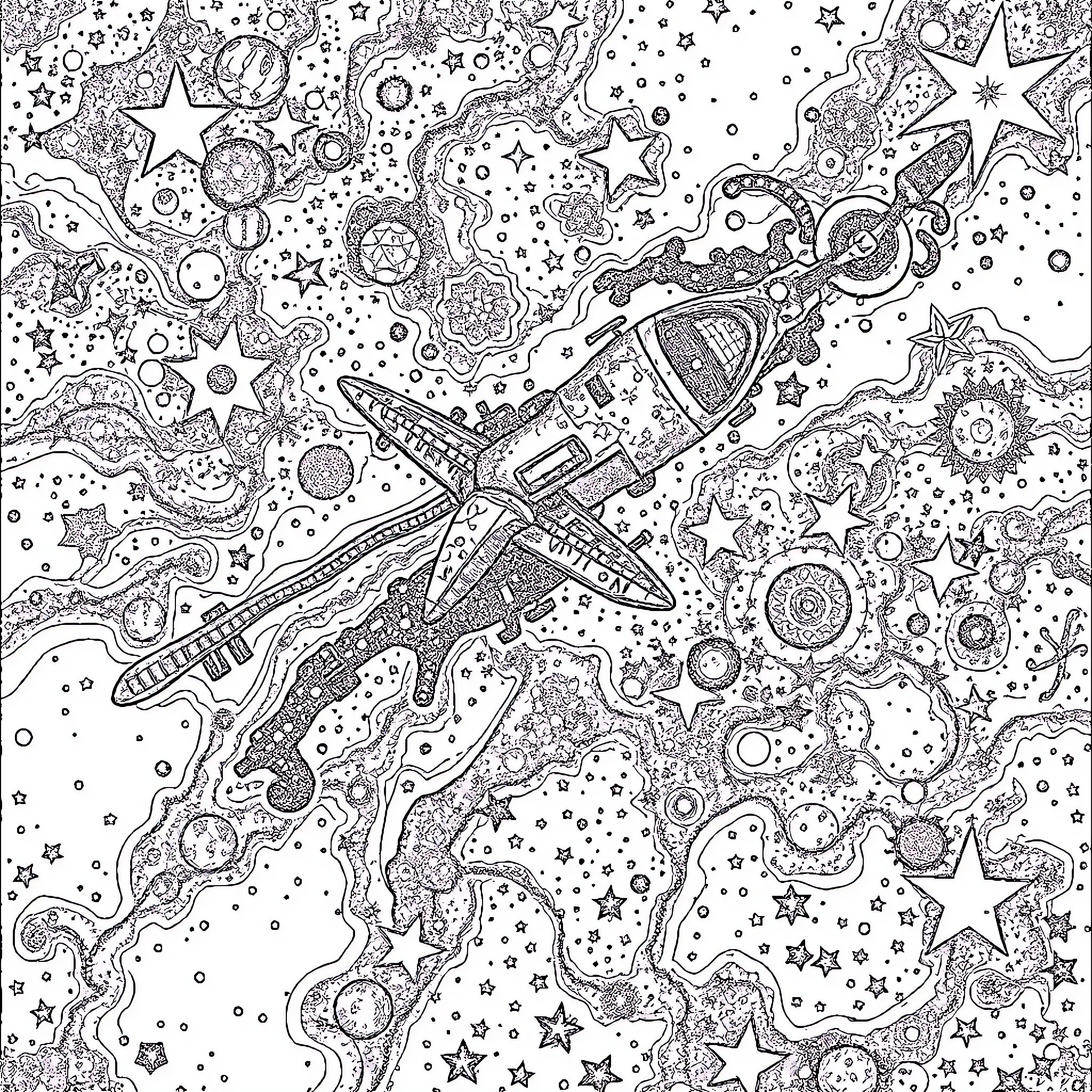 Galaxy Rocket Soaring Through Cosmic Wonders Coloring Page (free black-and-white line drawing printable PDF for all, from beginners to advanced learners, including children, teens, adults, and seniors)