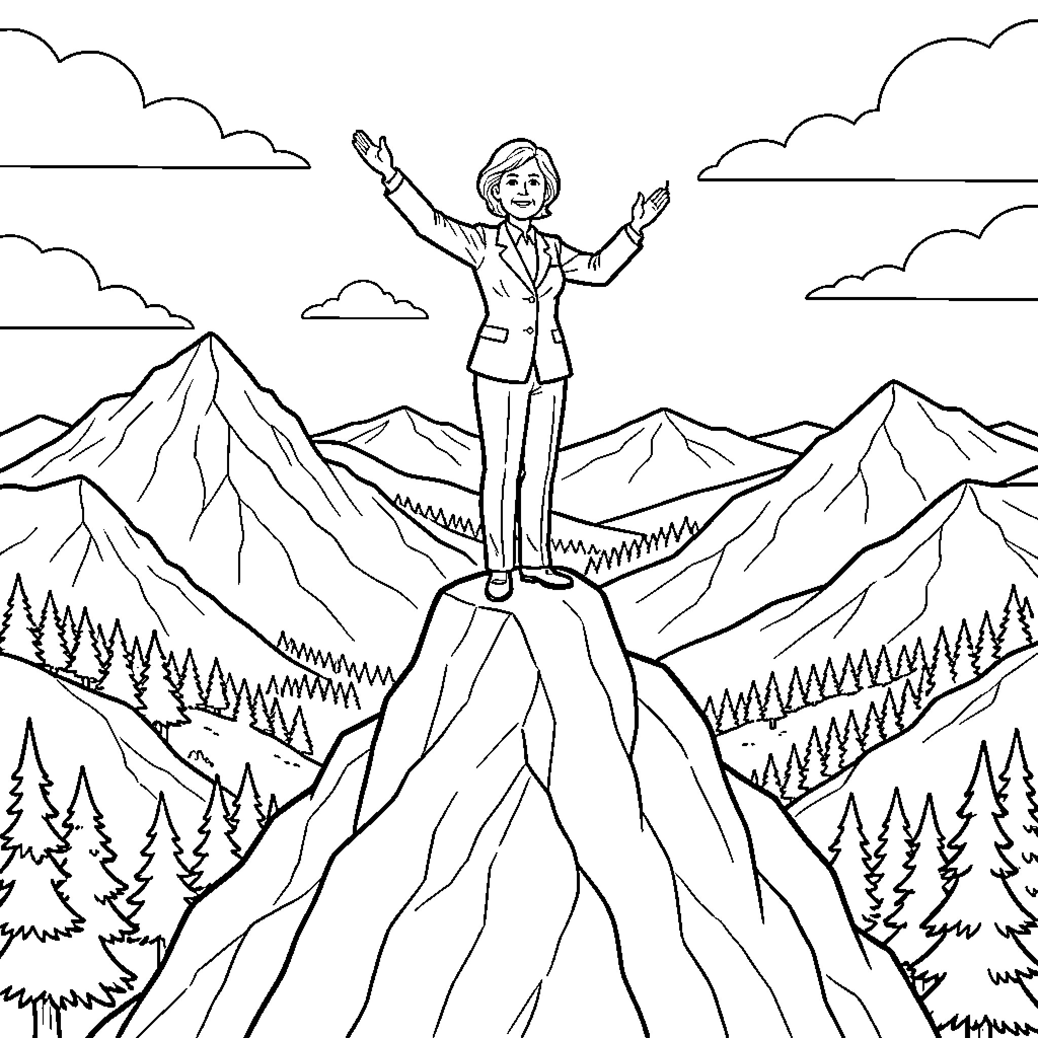 Conductor standing victoriously atop a mountain Coloring Page (free black-and-white line drawing printable PDF for all, from beginners to advanced learners, including children, teens, adults, and seniors)