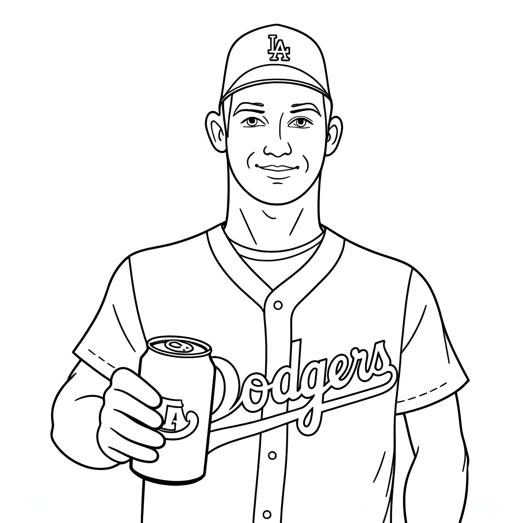 Janitor Holding Soda Can in Dodgers Baseball Uniform Coloring Page (free black-and-white line drawing printable PDF for all, from beginners to advanced learners, including children, teens, adults, and seniors)