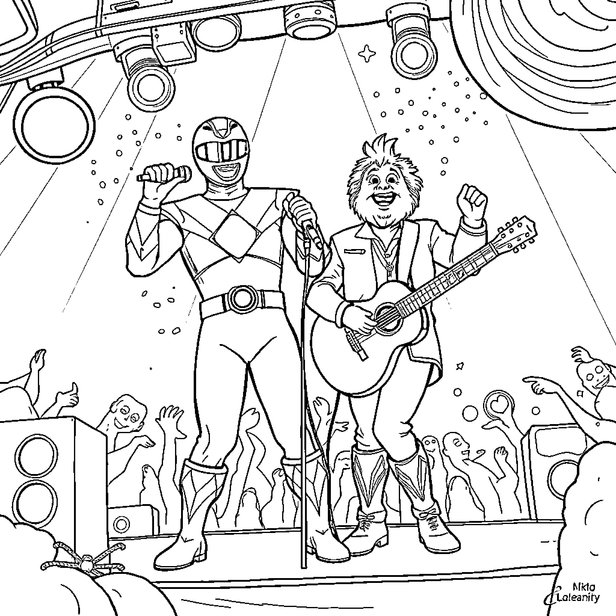 Power Rangers Perform on Stage with Musician Coloring Page (free black-and-white line drawing printable PDF for all, from beginners to advanced learners, including children, teens, adults, and seniors)