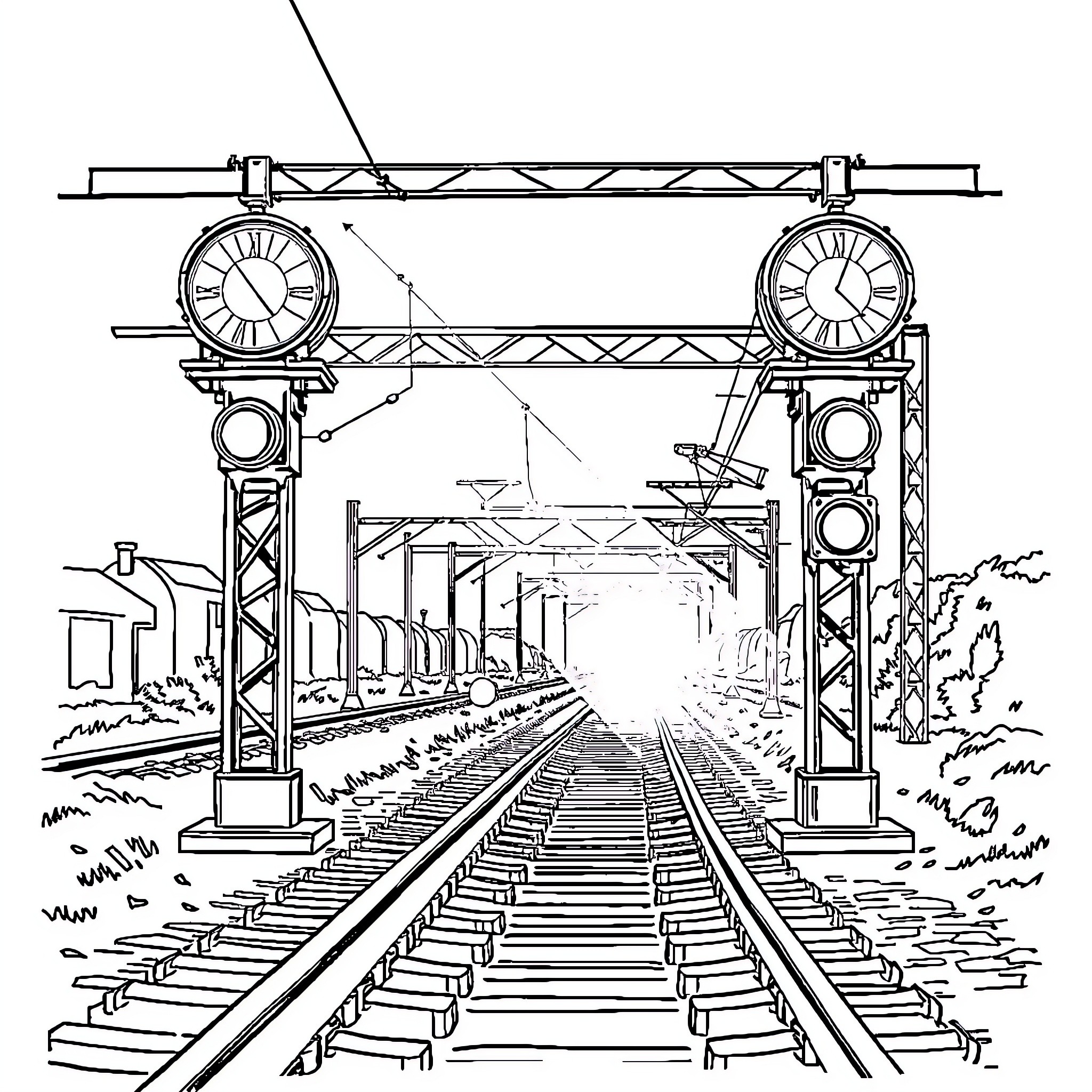 Signal of Railway Tracks Leading to the Horizon Coloring Page (free black-and-white line drawing printable PDF for all, from beginners to advanced learners, including children, teens, adults, and seniors)
