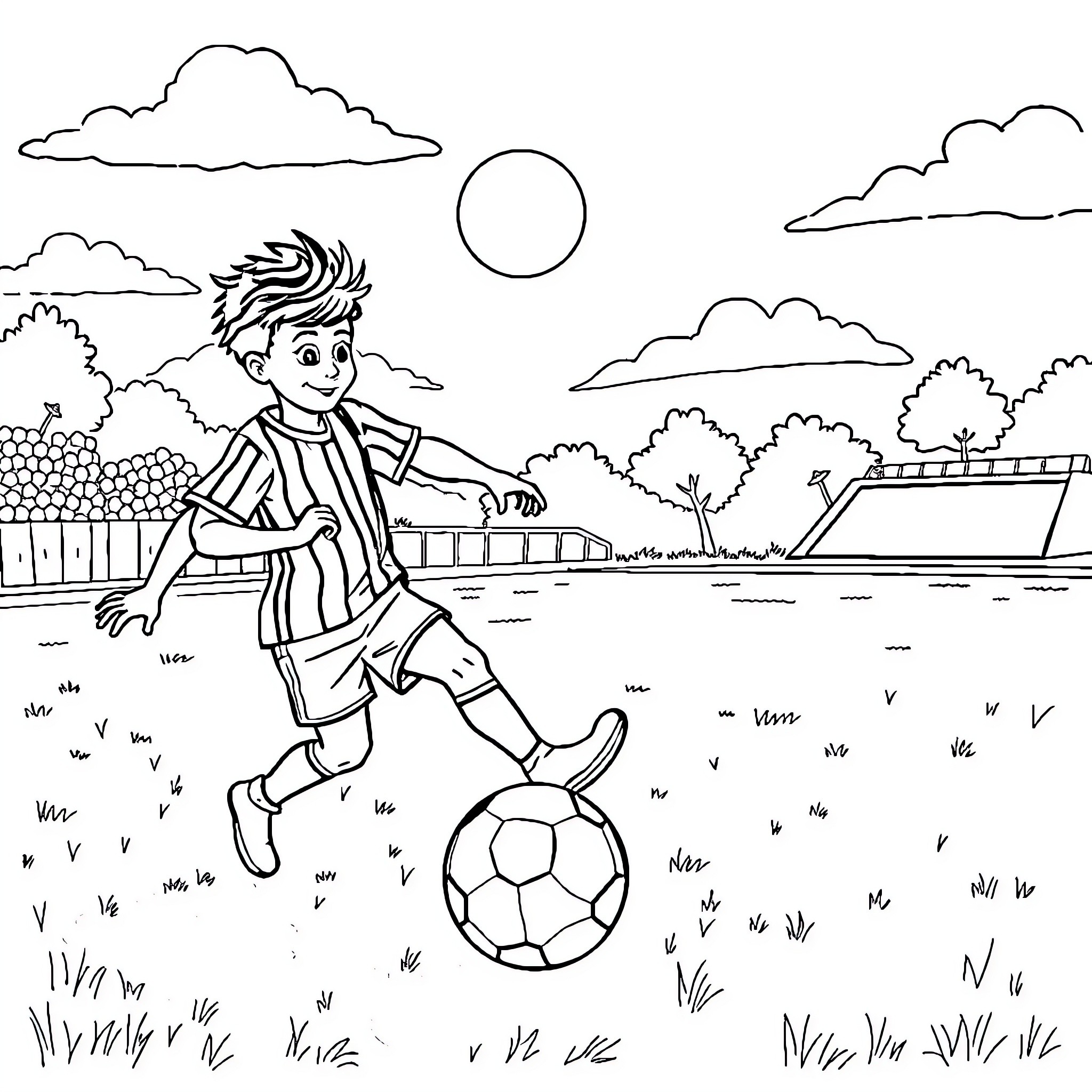 Cartapuce playing with a soccer ball in the park Coloring Page (free black-and-white line drawing printable PDF for all, from beginners to advanced learners, including children, teens, adults, and seniors)