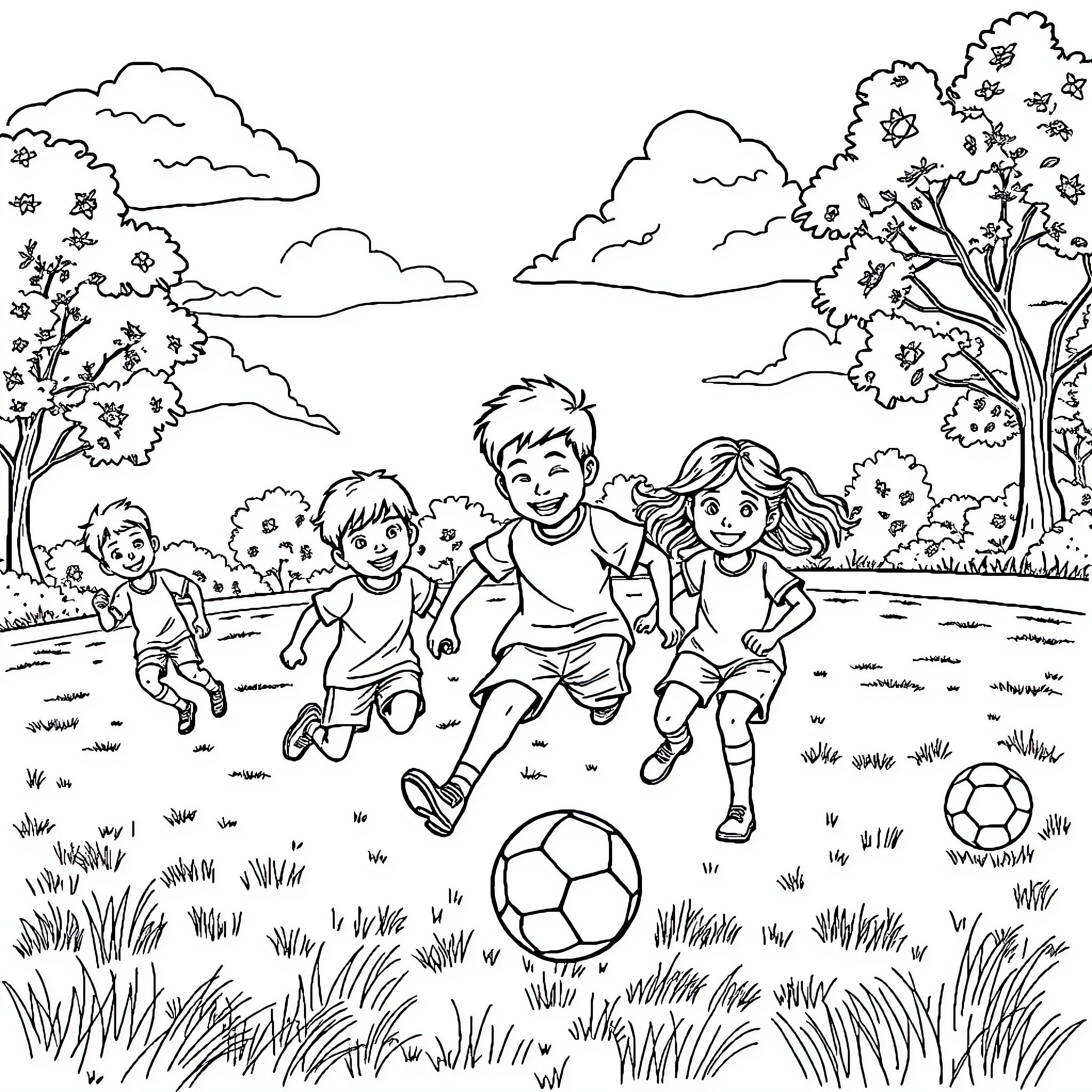 Kid's Outdoor Adventure with Friends and Soccer Ball Coloring Page (free black-and-white line drawing printable PDF for all, from beginners to advanced learners, including children, teens, adults, and seniors)