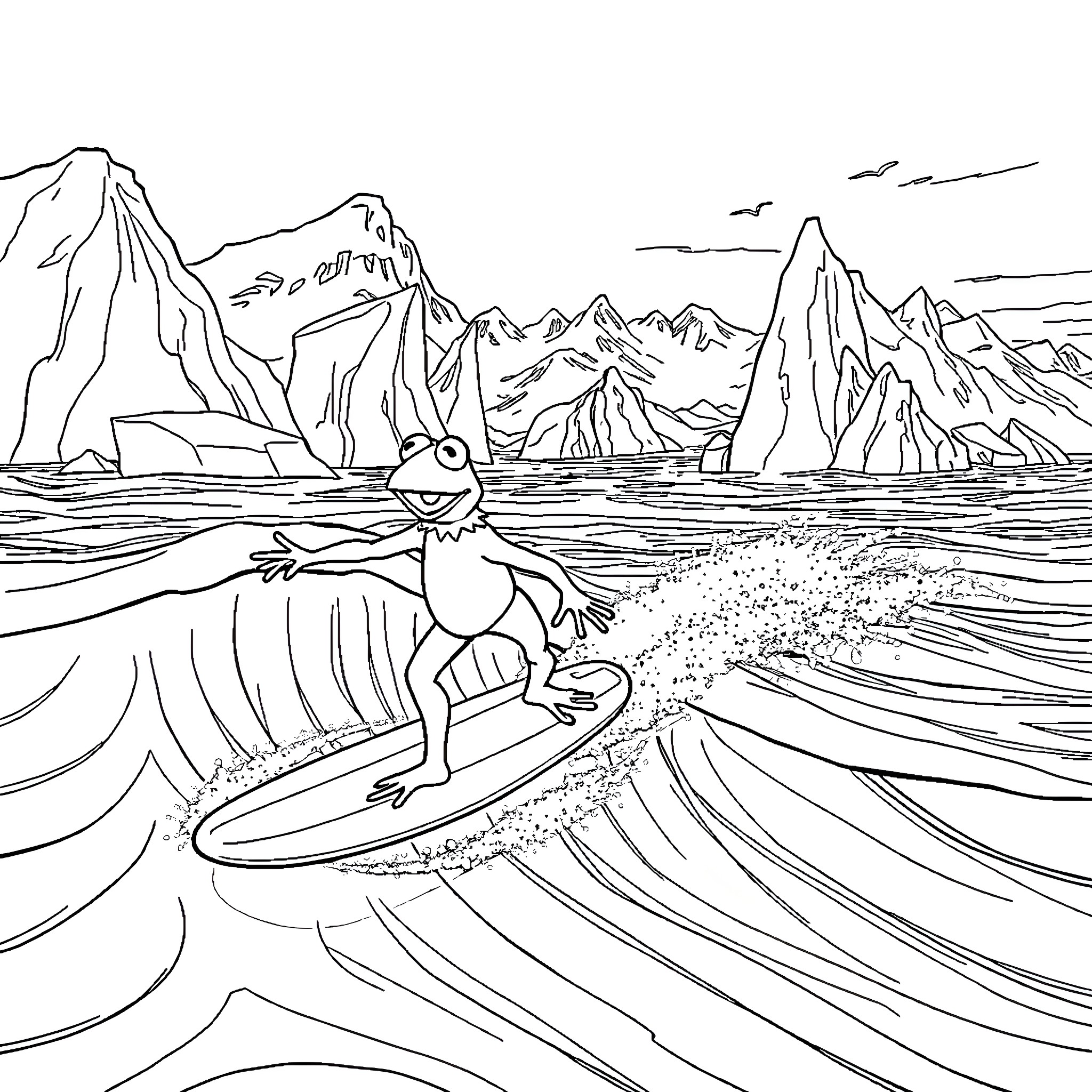 Kermit surfs the waves in an epic mountain landscape Coloring Page (free black-and-white line drawing printable PDF for all, from beginners to advanced learners, including children, teens, adults, and seniors)