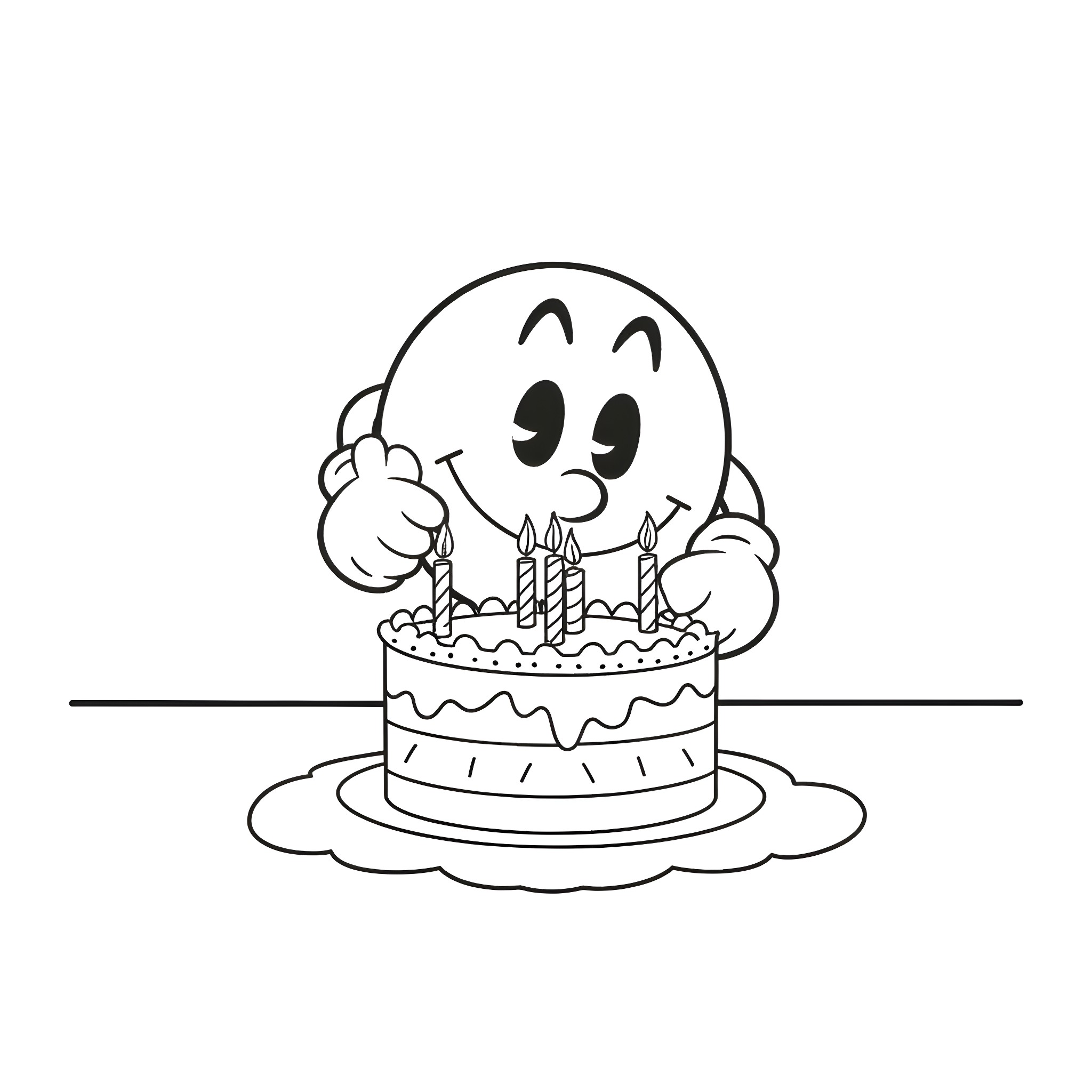 Pacman character celebrating with birthday cake Coloring Page (free black-and-white line drawing printable PDF for all, from beginners to advanced learners, including children, teens, adults, and seniors)