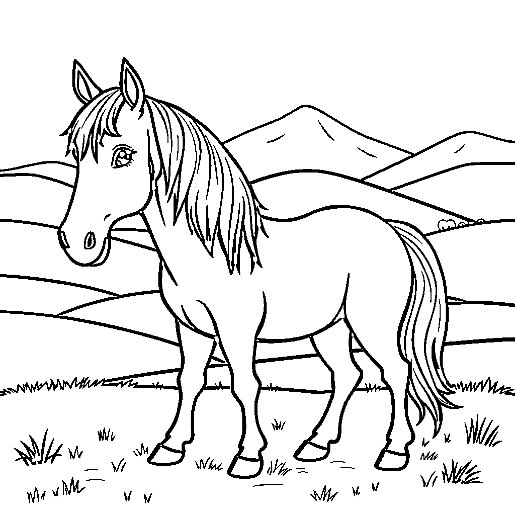 Horse standing proudly in scenic landscape Coloring Page (free black-and-white line drawing printable PDF for all, from beginners to advanced learners, including children, teens, adults, and seniors)
