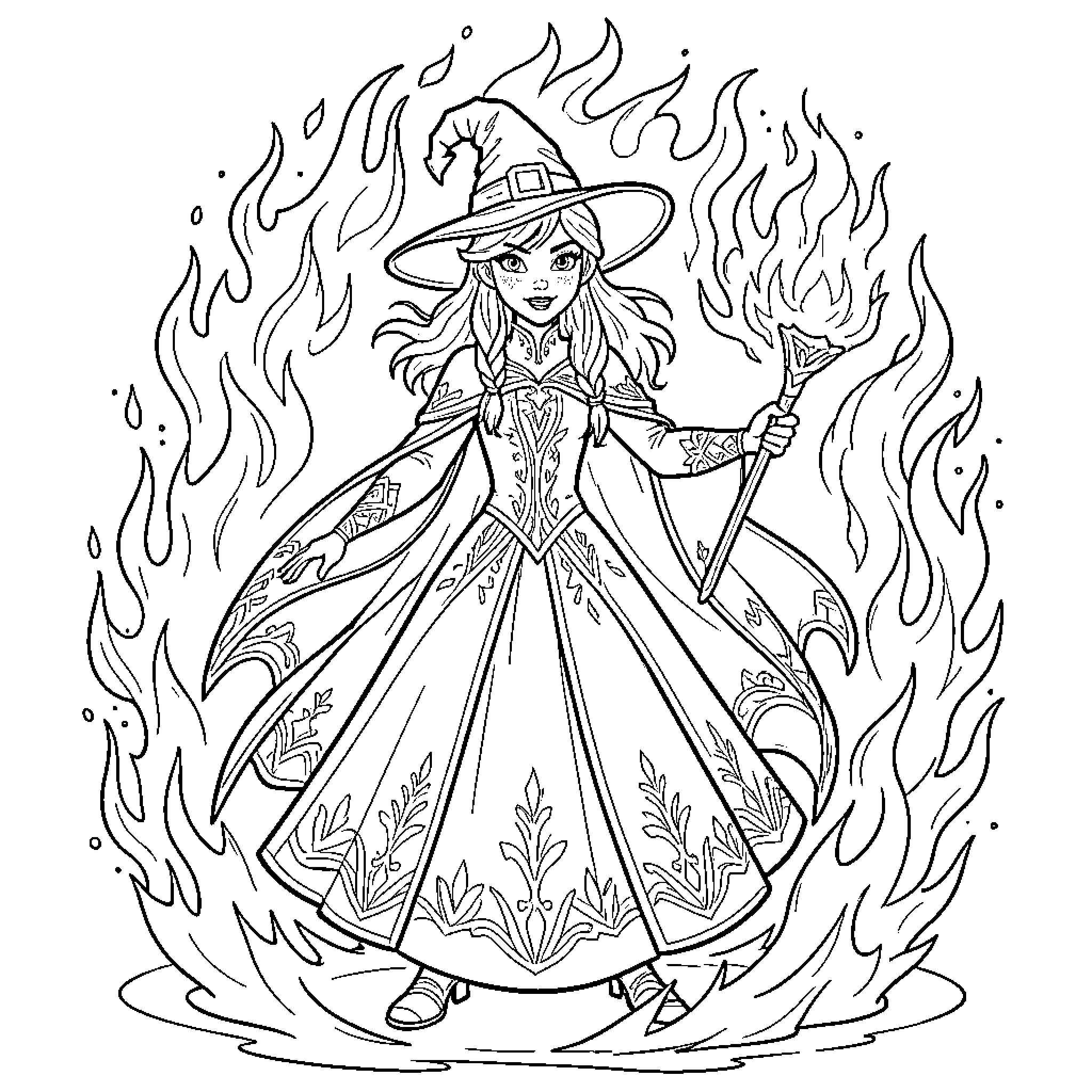 Princess Anna in Fiery Witch Attire Coloring Page (free black-and-white line drawing printable PDF for all, from beginners to advanced learners, including children, teens, adults, and seniors)