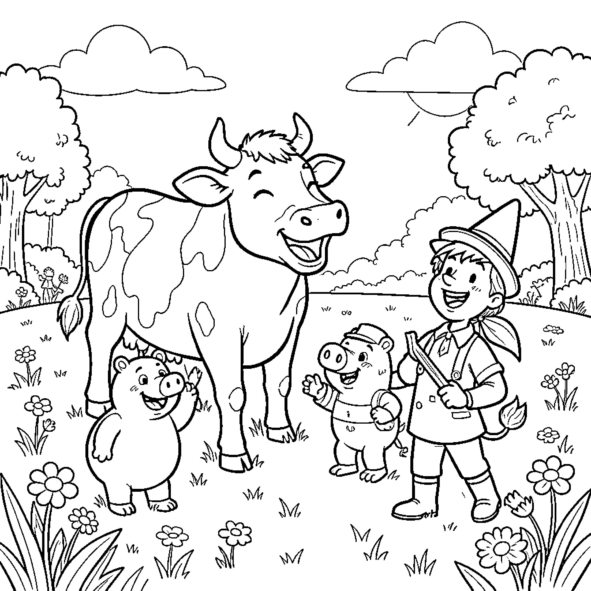 Cow playing happily with farmers in the park Coloring Page (free black-and-white line drawing printable PDF for all, from beginners to advanced learners, including children, teens, adults, and seniors)