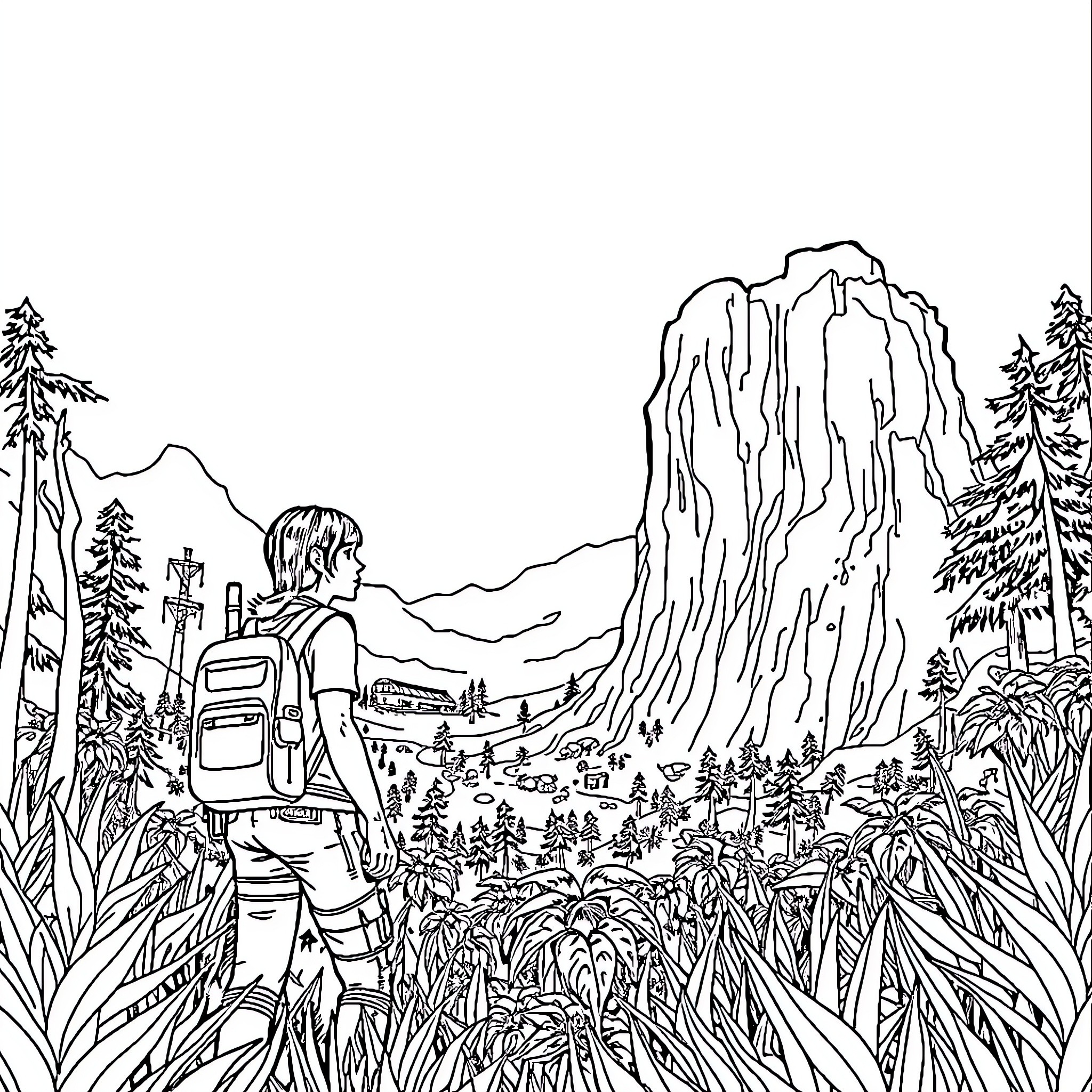 The Last Of Us Exploring Rugged Landscapes and Ruins Coloring Page (free black-and-white line drawing printable PDF for all, from beginners to advanced learners, including children, teens, adults, and seniors)