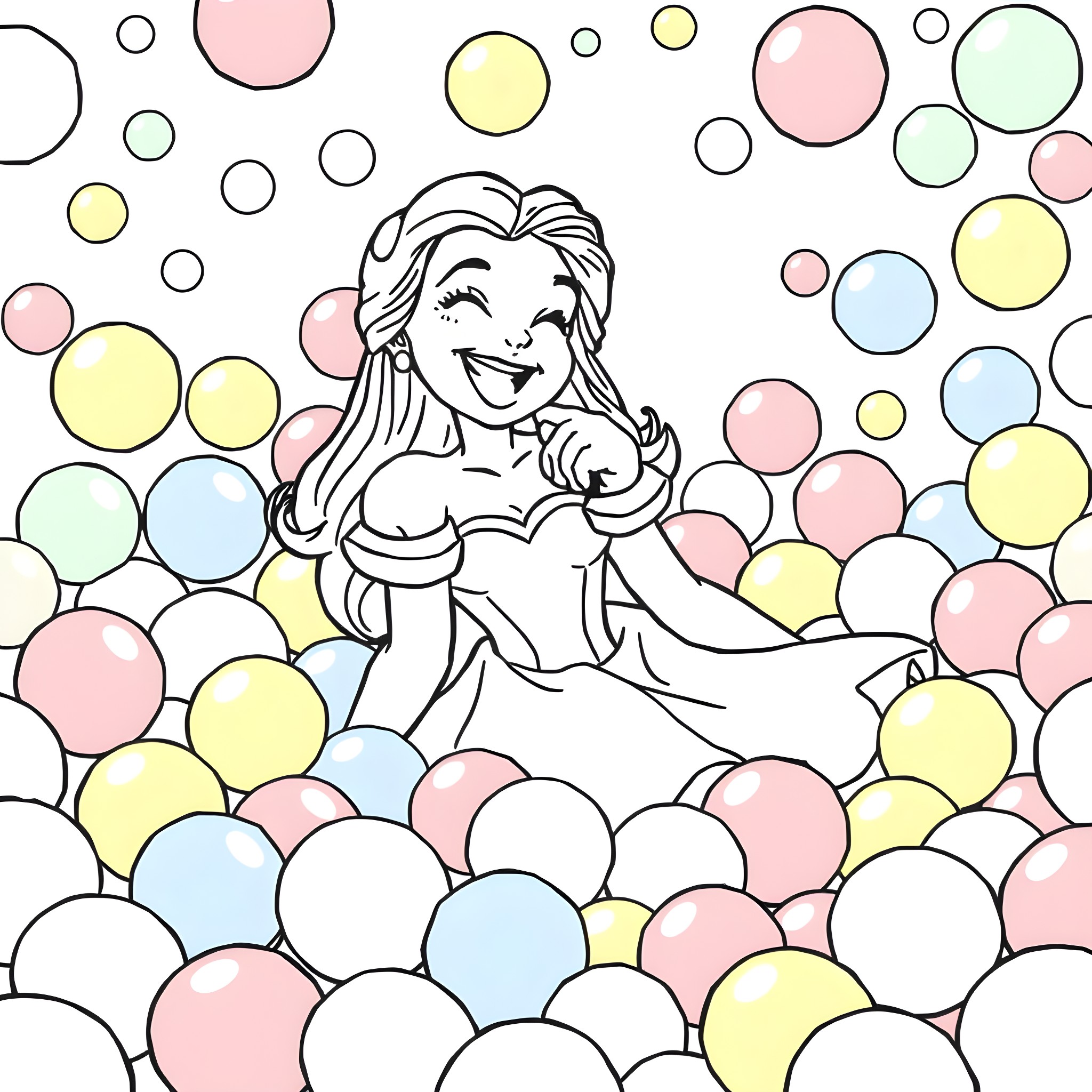Belle surrounded by colorful bubbles Coloring Page (free black-and-white line drawing printable PDF for all, from beginners to advanced learners, including children, teens, adults, and seniors)