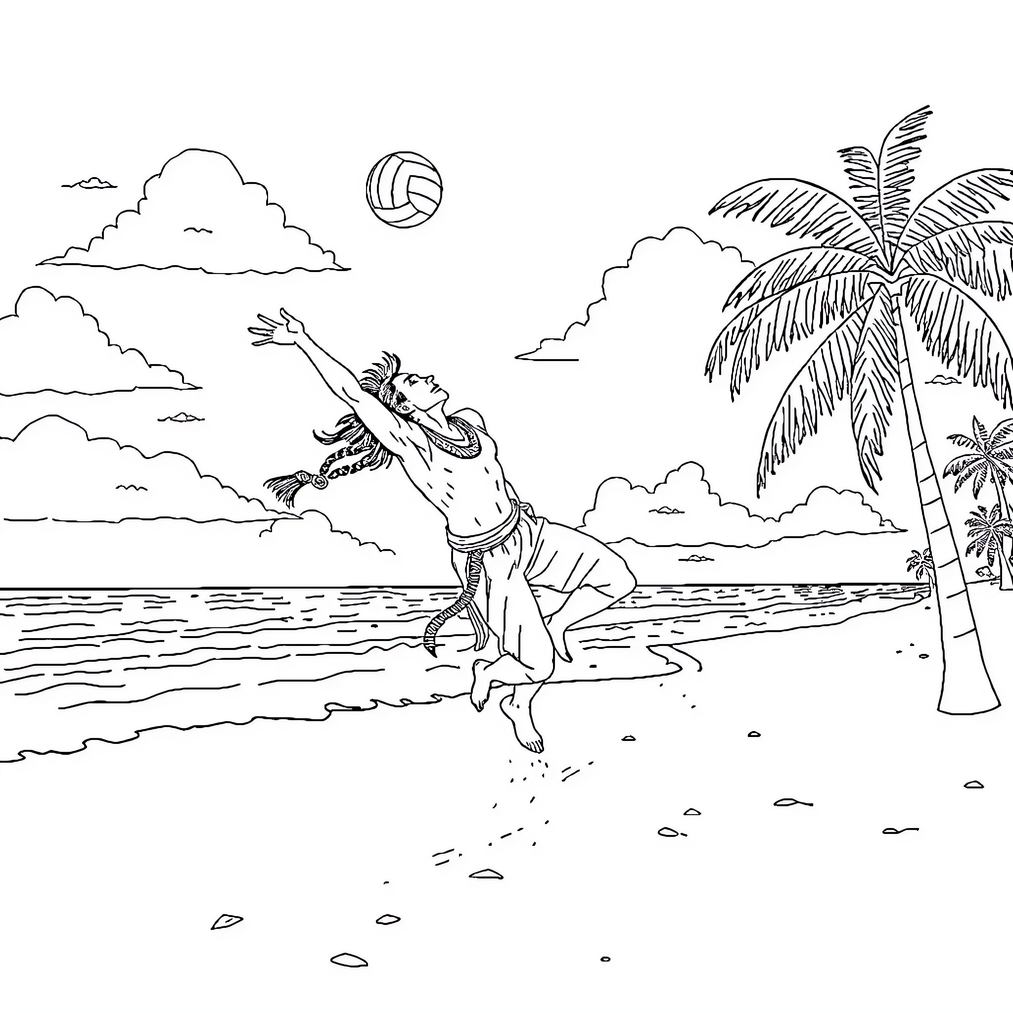 Indian Guy Playing Volleyball on Tropical Beach Coloring Page (free black-and-white line drawing printable PDF for all, from beginners to advanced learners, including children, teens, adults, and seniors)