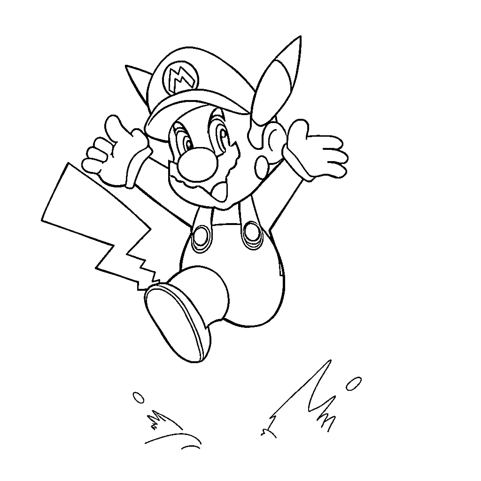 Mario Pikachu jumping with excitement Coloring Page (free black-and-white line drawing printable PDF for all, from beginners to advanced learners, including children, teens, adults, and seniors)