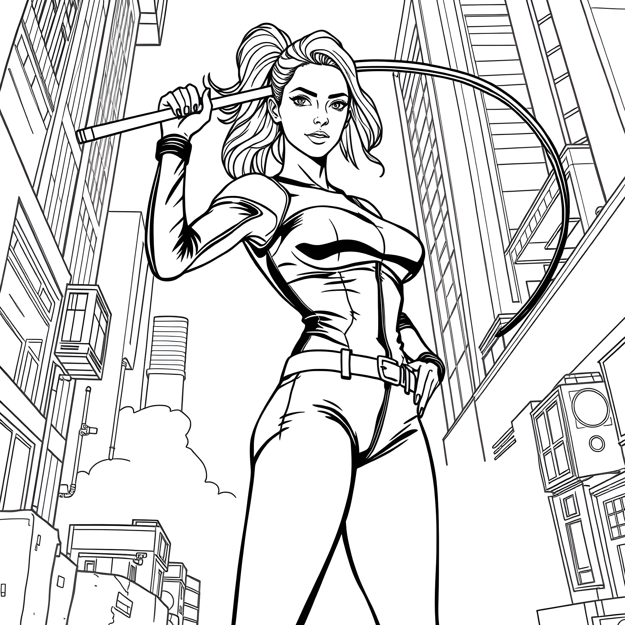 Lady Hero Wielding Weapon in Cityscape Coloring Page (free black-and-white line drawing printable PDF for all, from beginners to advanced learners, including children, teens, adults, and seniors)