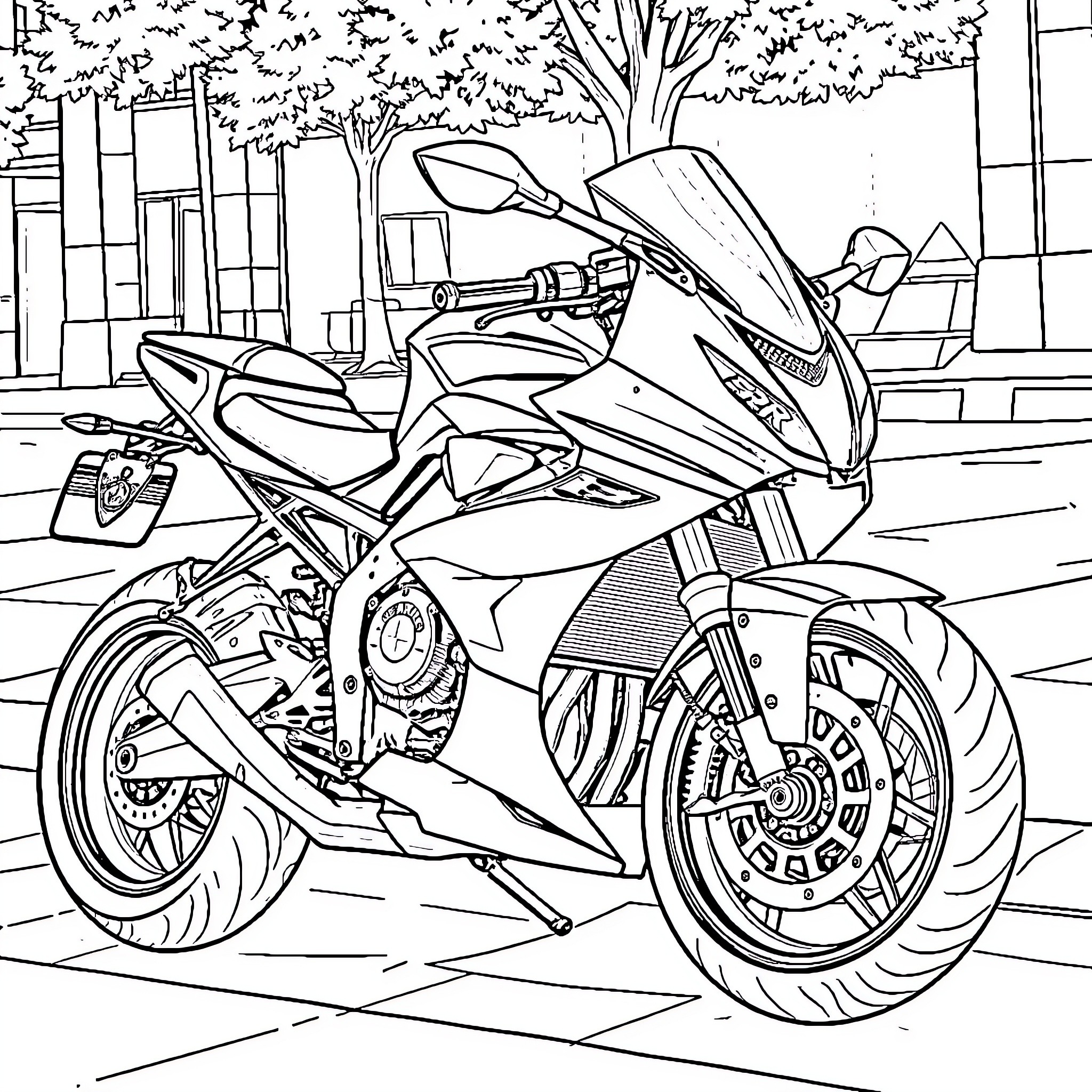 BMW s1000rr sleek motorcycle on the street Coloring Page (free black-and-white line drawing printable PDF for all, from beginners to advanced learners, including children, teens, adults, and seniors)