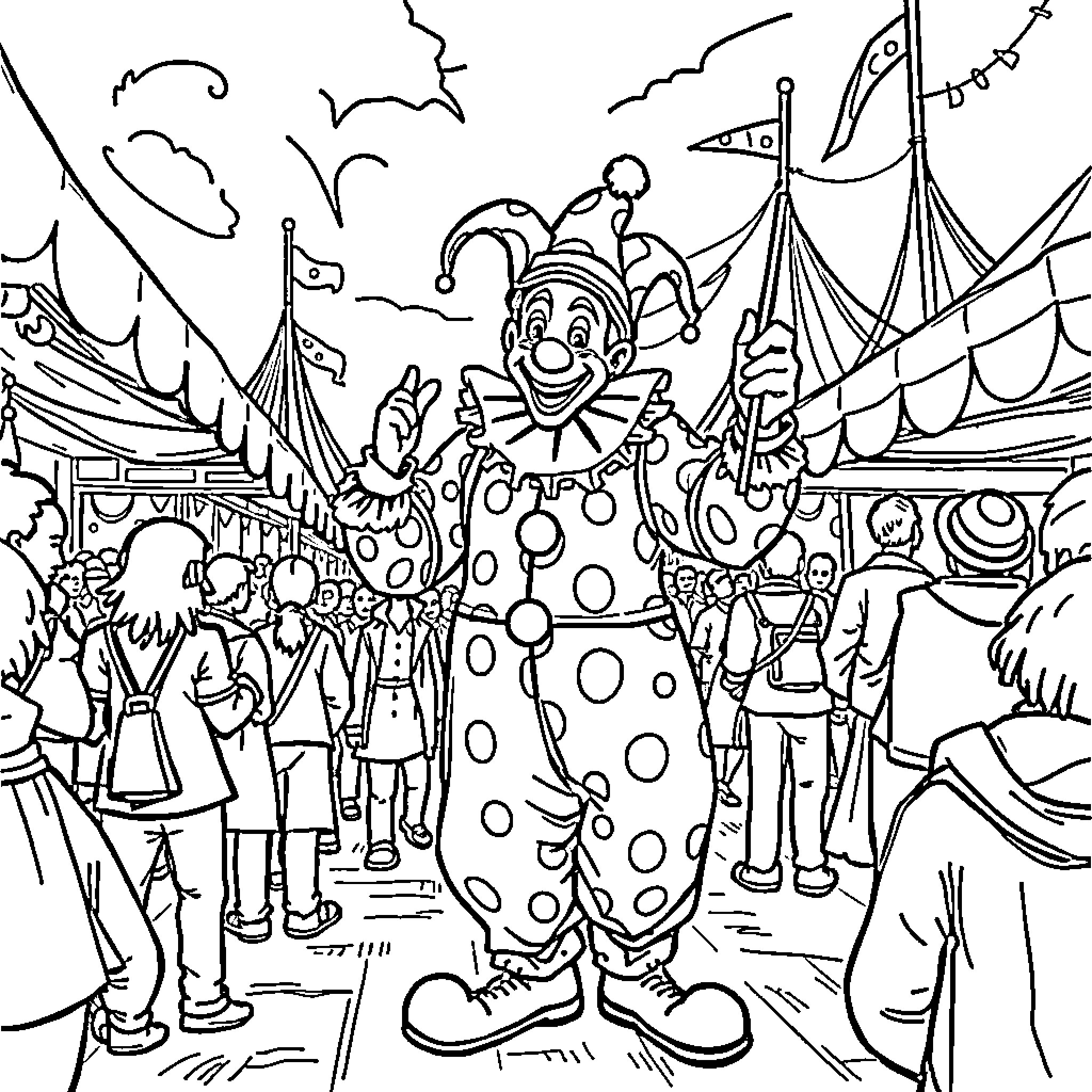 Clown entertaining a crowd at the carnival Coloring Page (free black-and-white line drawing printable PDF for all, from beginners to advanced learners, including children, teens, adults, and seniors)