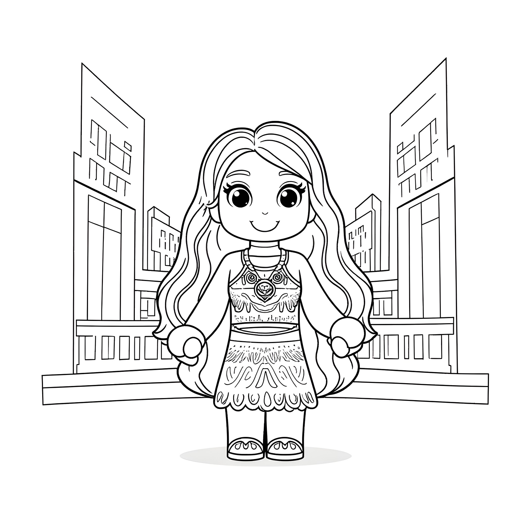 Moana exploring the city with a cheerful expression Coloring Page (free black-and-white line drawing printable PDF for all, from beginners to advanced learners, including children, teens, adults, and seniors)