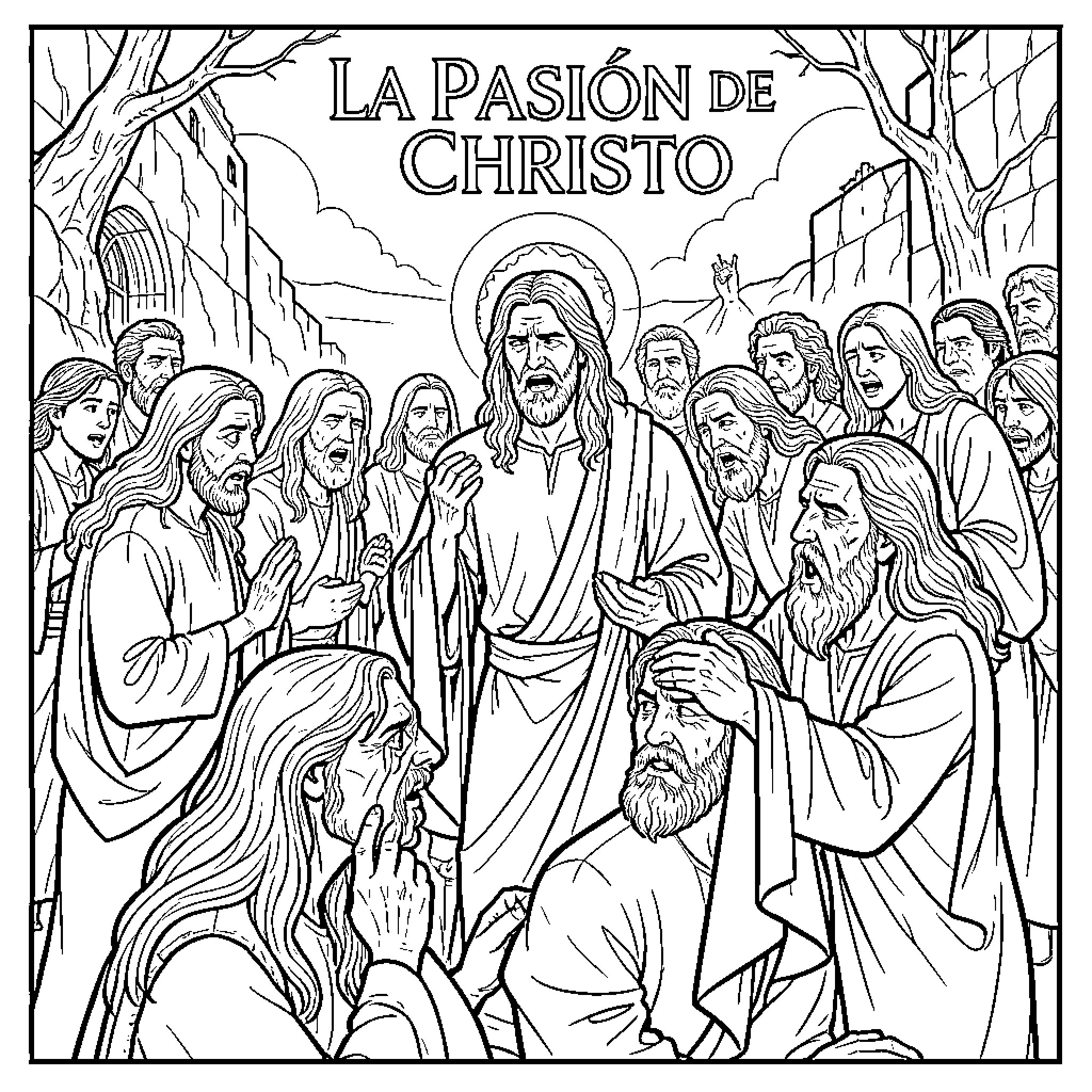 Passion of Christ: Figures in Contemplation and Reverence Coloring Page (free black-and-white line drawing printable PDF for all, from beginners to advanced learners, including children, teens, adults, and seniors)