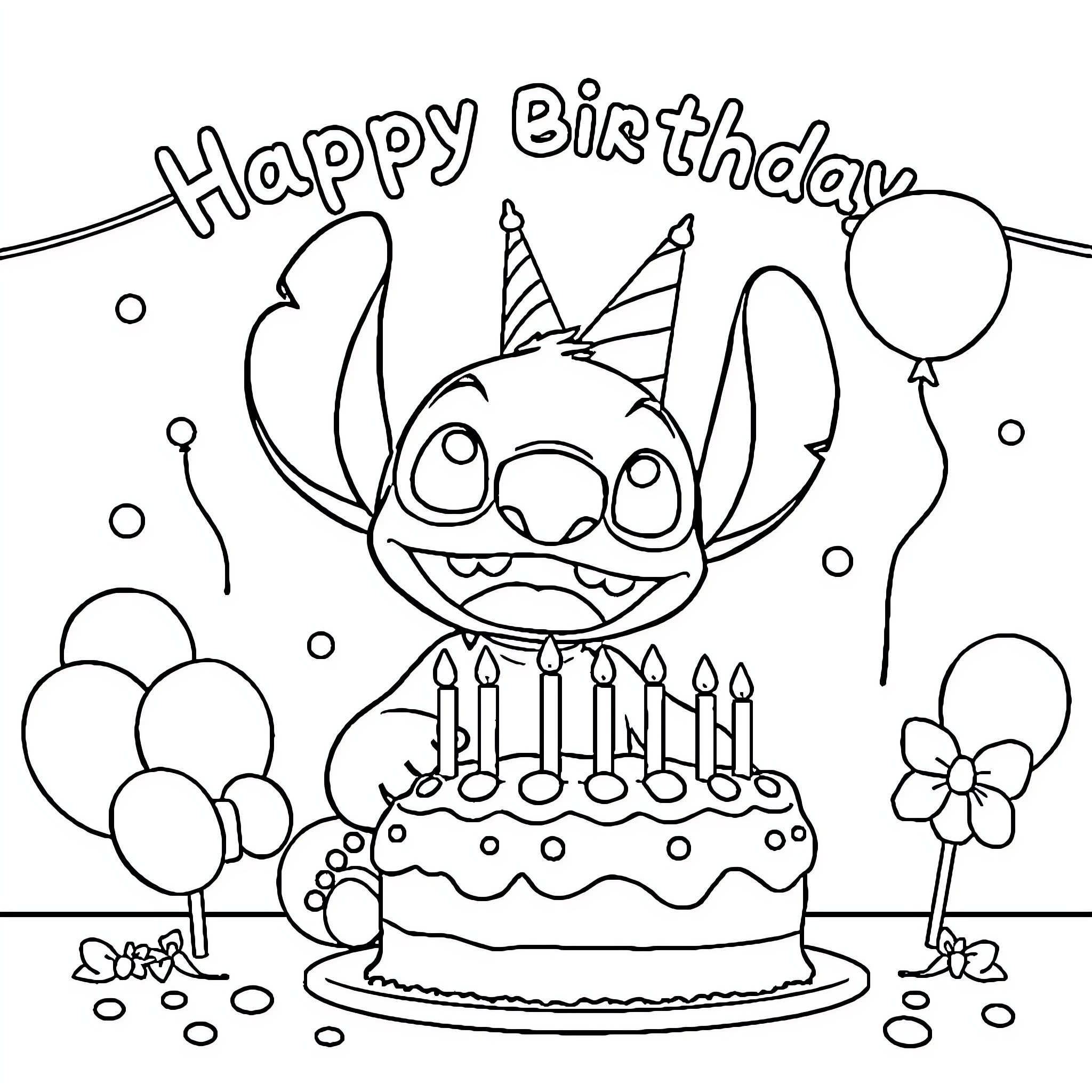 Stitch celebrates a Happy Birthday with cake and balloons Coloring Page (free black-and-white line drawing printable PDF for all, from beginners to advanced learners, including children, teens, adults, and seniors)