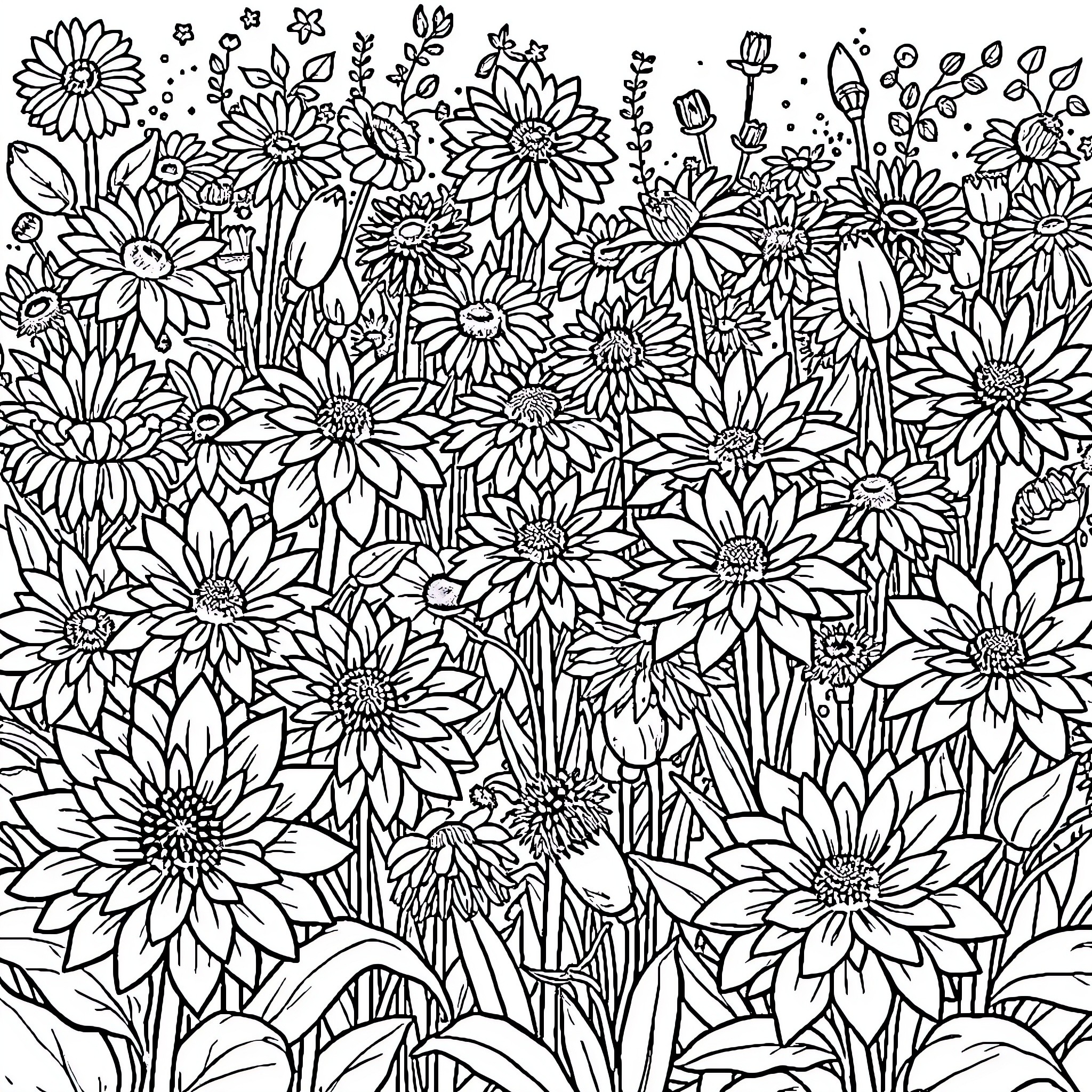 Dahlia Garden Blooming with Vibrant Flowers Coloring Page (free black-and-white line drawing printable PDF for all, from beginners to advanced learners, including children, teens, adults, and seniors)