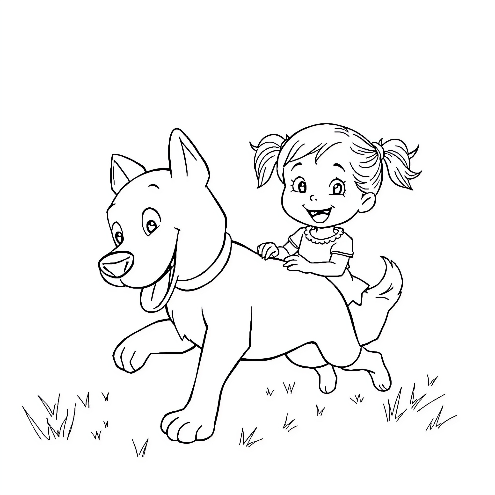 Bluey playing happily with her dog friend Coloring Page (free black-and-white line drawing printable PDF for all, from beginners to advanced learners, including children, teens, adults, and seniors)