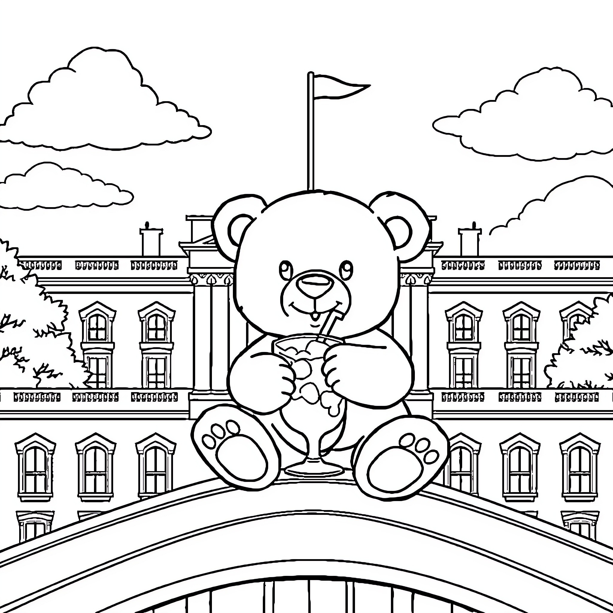Teddy Bear sitting on a bridge overlooking a town Coloring Page (free black-and-white line drawing printable PDF for all, from beginners to advanced learners, including children, teens, adults, and seniors)