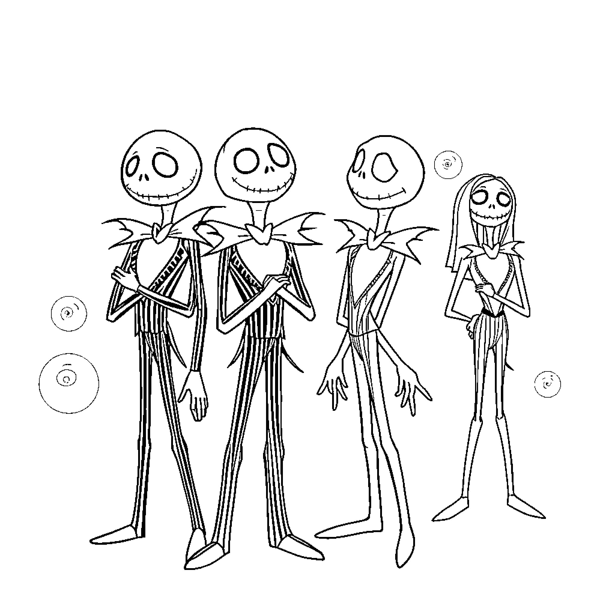 Jack Skellington and friends in Halloween costumes Coloring Page (free black-and-white line drawing printable PDF for all, from beginners to advanced learners, including children, teens, adults, and seniors)