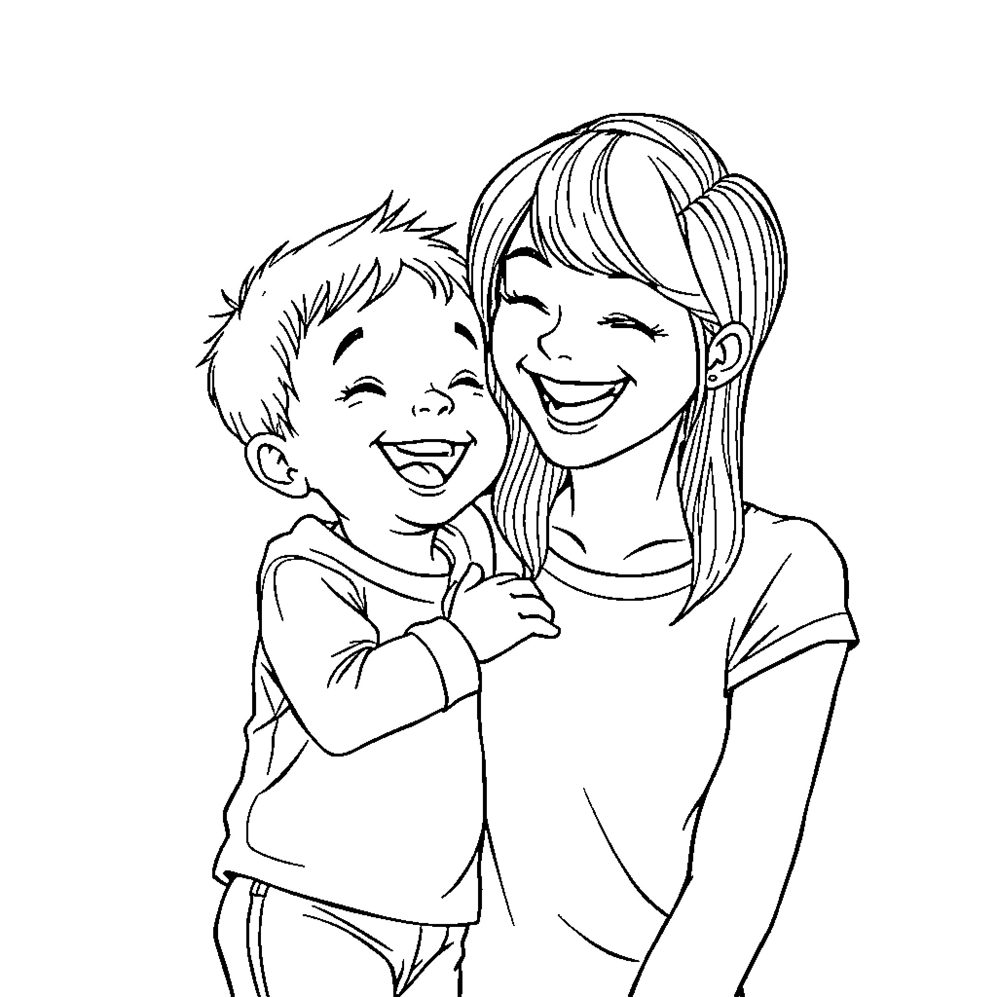 Niño playing joyfully with caring woman Coloring Page (free black-and-white line drawing printable PDF for all, from beginners to advanced learners, including children, teens, adults, and seniors)