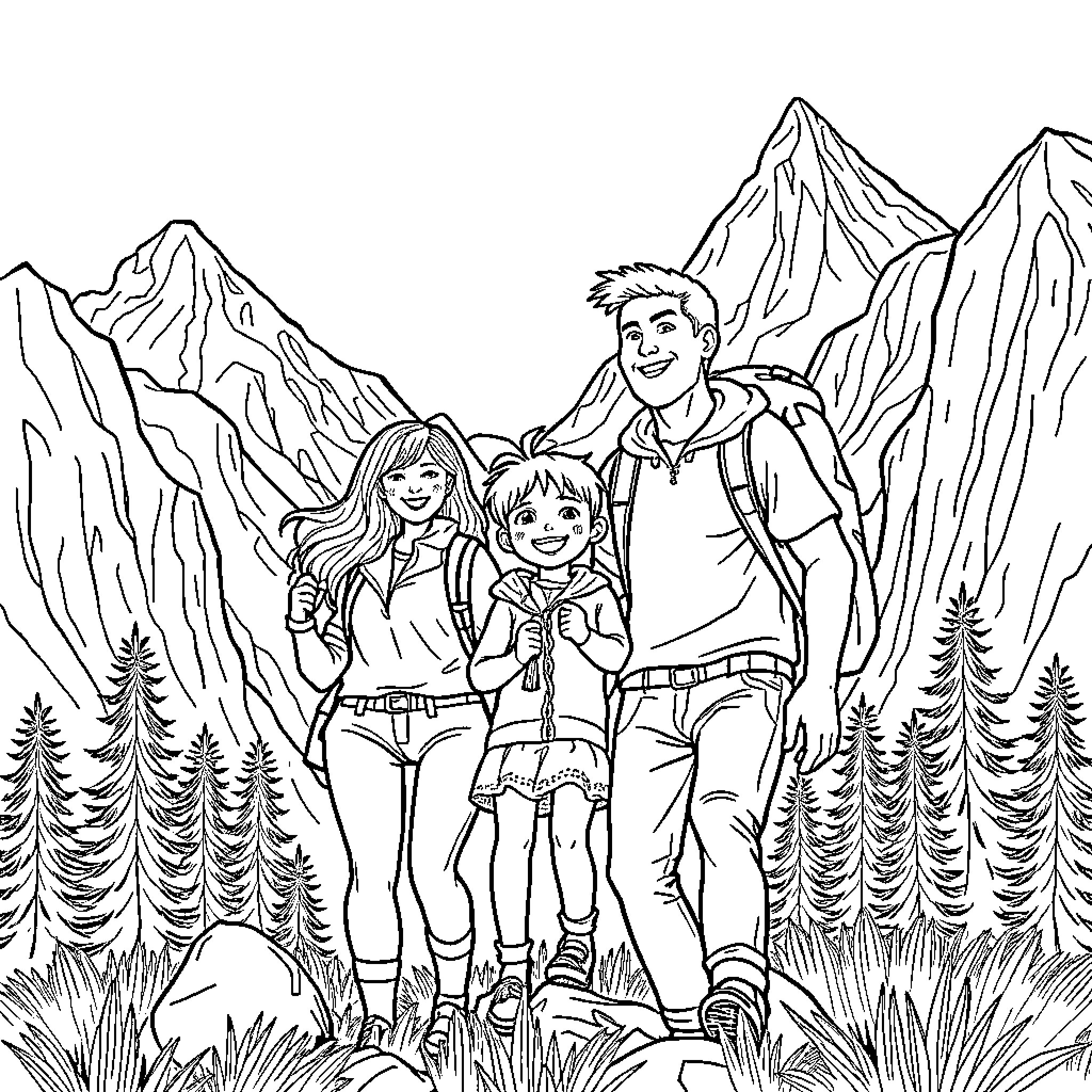 Family Hiking Adventure in the Mountains Coloring Page (free black-and-white line drawing printable PDF for all, from beginners to advanced learners, including children, teens, adults, and seniors)