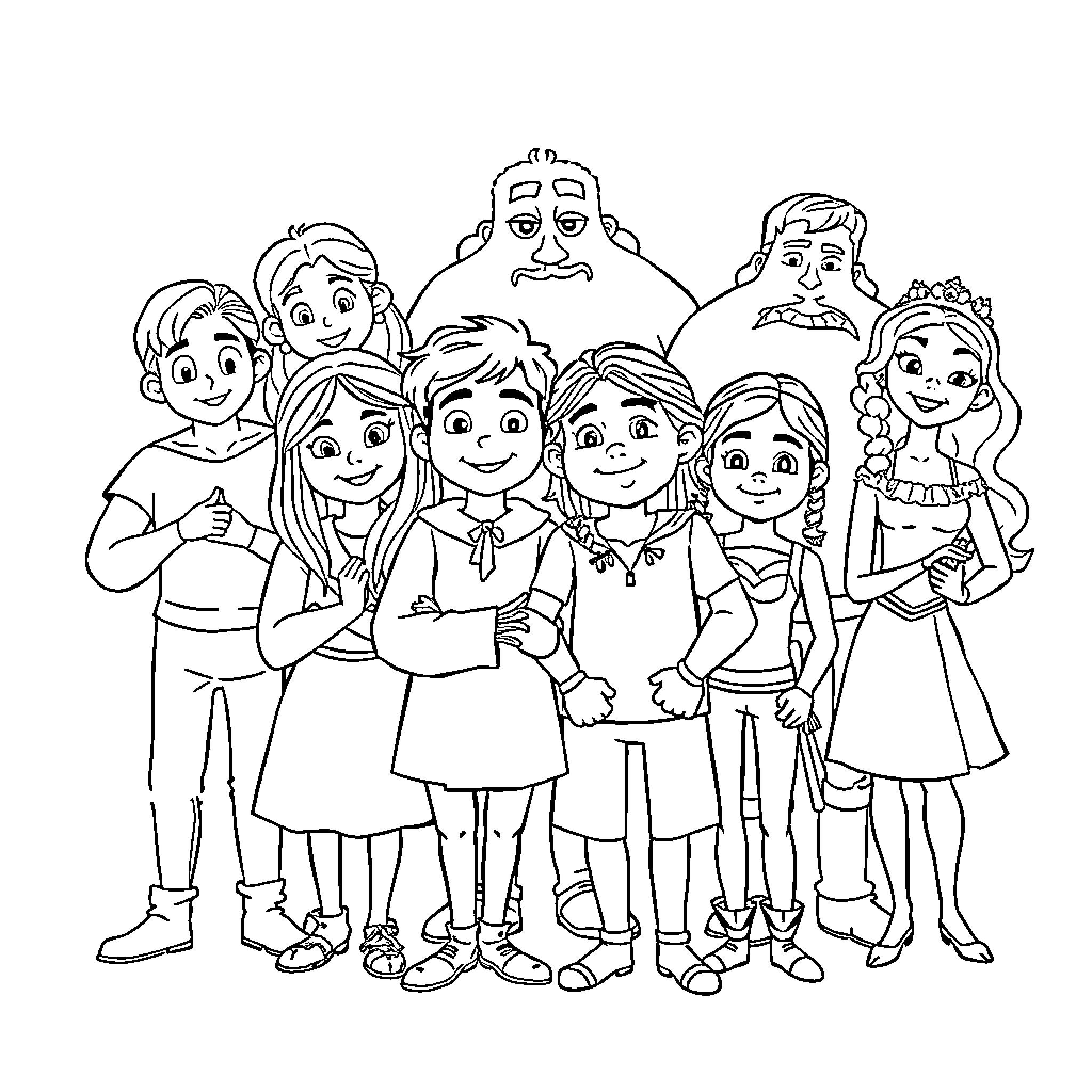 Encanto - Friendly family portrait Coloring Page (free black-and-white line drawing printable PDF for all, from beginners to advanced learners, including children, teens, adults, and seniors)