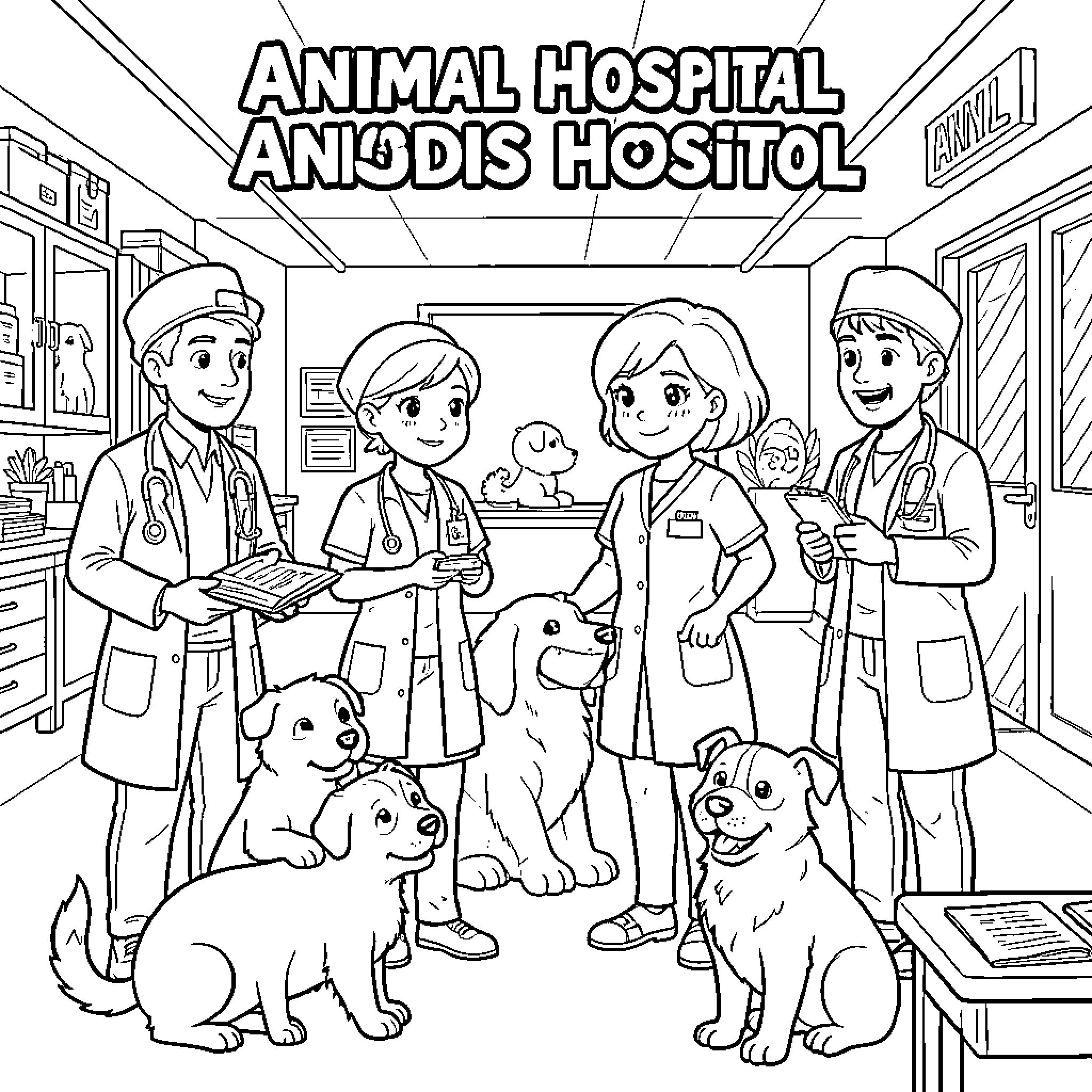 Animal Hospital Characters interacting with happy pets Coloring Page (free black-and-white line drawing printable PDF for all, from beginners to advanced learners, including children, teens, adults, and seniors)
