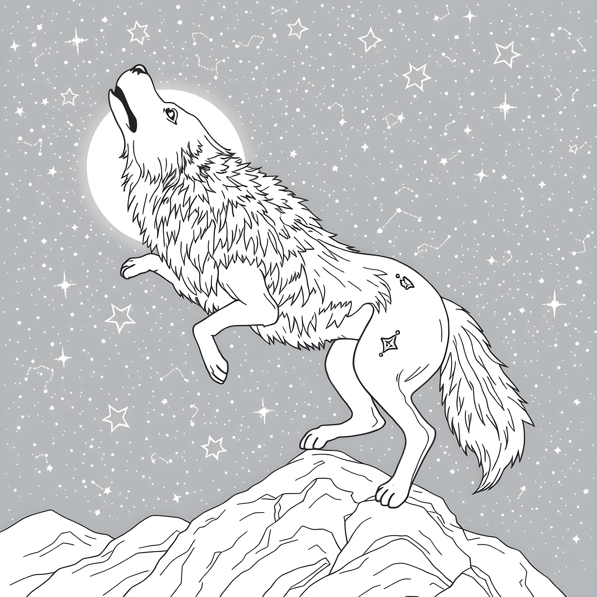 Spirit of the Starry Night Wolf Coloring Page (free black-and-white line drawing printable PDF for all, from beginners to advanced learners, including children, teens, adults, and seniors)