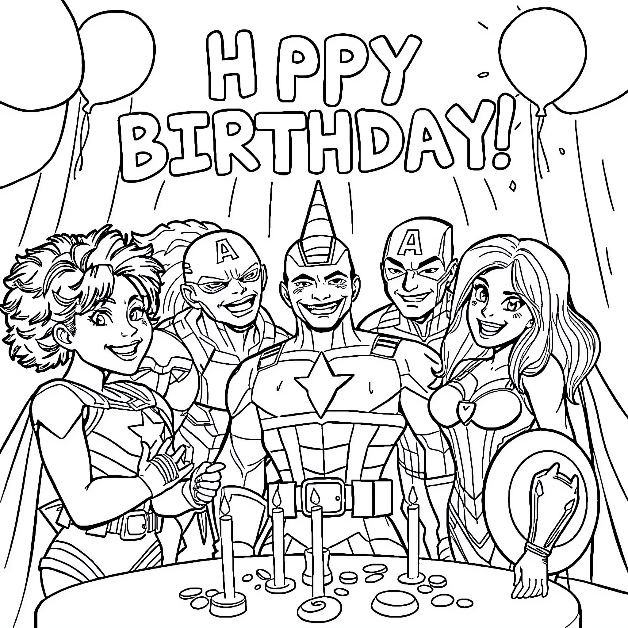 Avengers Celebrate a Happy Birthday Together Coloring Page (free black-and-white line drawing printable PDF for all, from beginners to advanced learners, including children, teens, adults, and seniors)