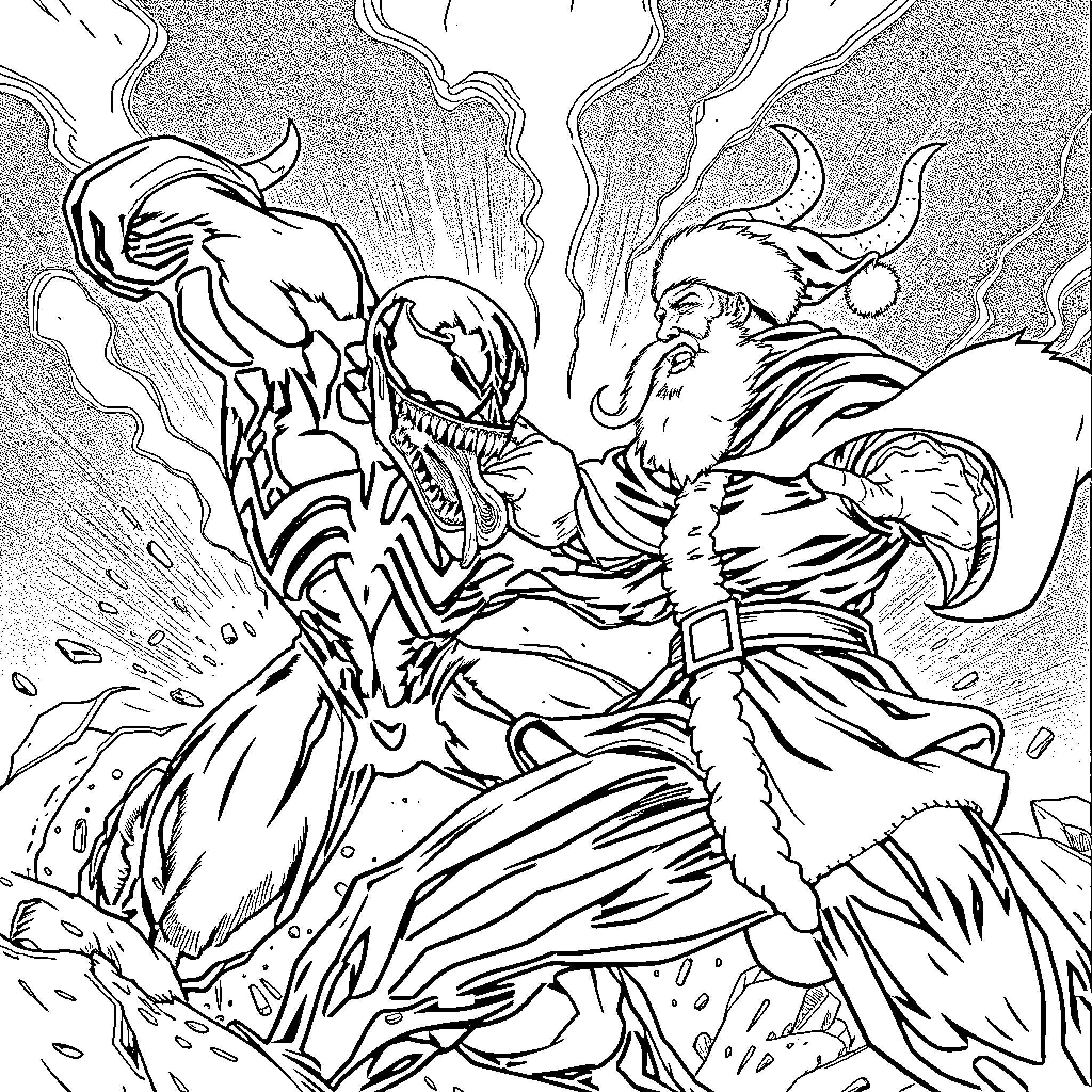 Venom: Demon's Clash with Winter Warrior Coloring Page (free black-and-white line drawing printable PDF for all, from beginners to advanced learners, including children, teens, adults, and seniors)
