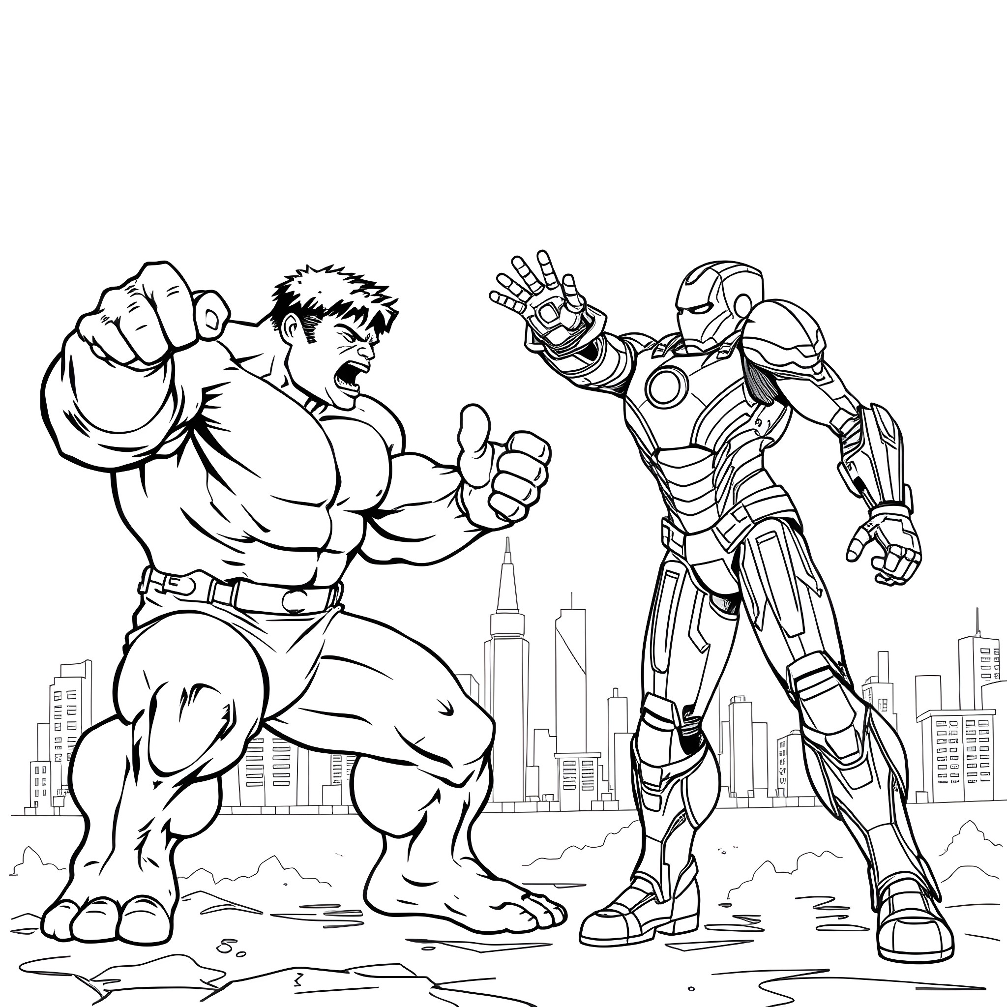 Hulk facing off against an Iron Man-like hero Coloring Page (free black-and-white line drawing printable PDF for all, from beginners to advanced learners, including children, teens, adults, and seniors)