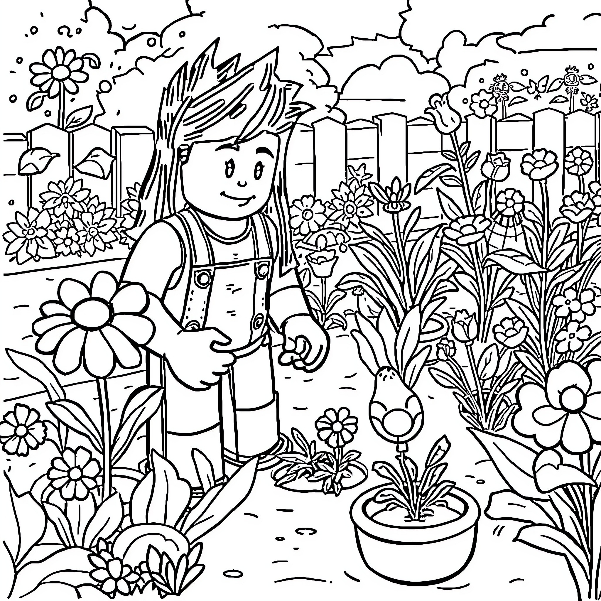 Garden with Playful Child Tending to Flowers Coloring Page (free black-and-white line drawing printable PDF for all, from beginners to advanced learners, including children, teens, adults, and seniors)