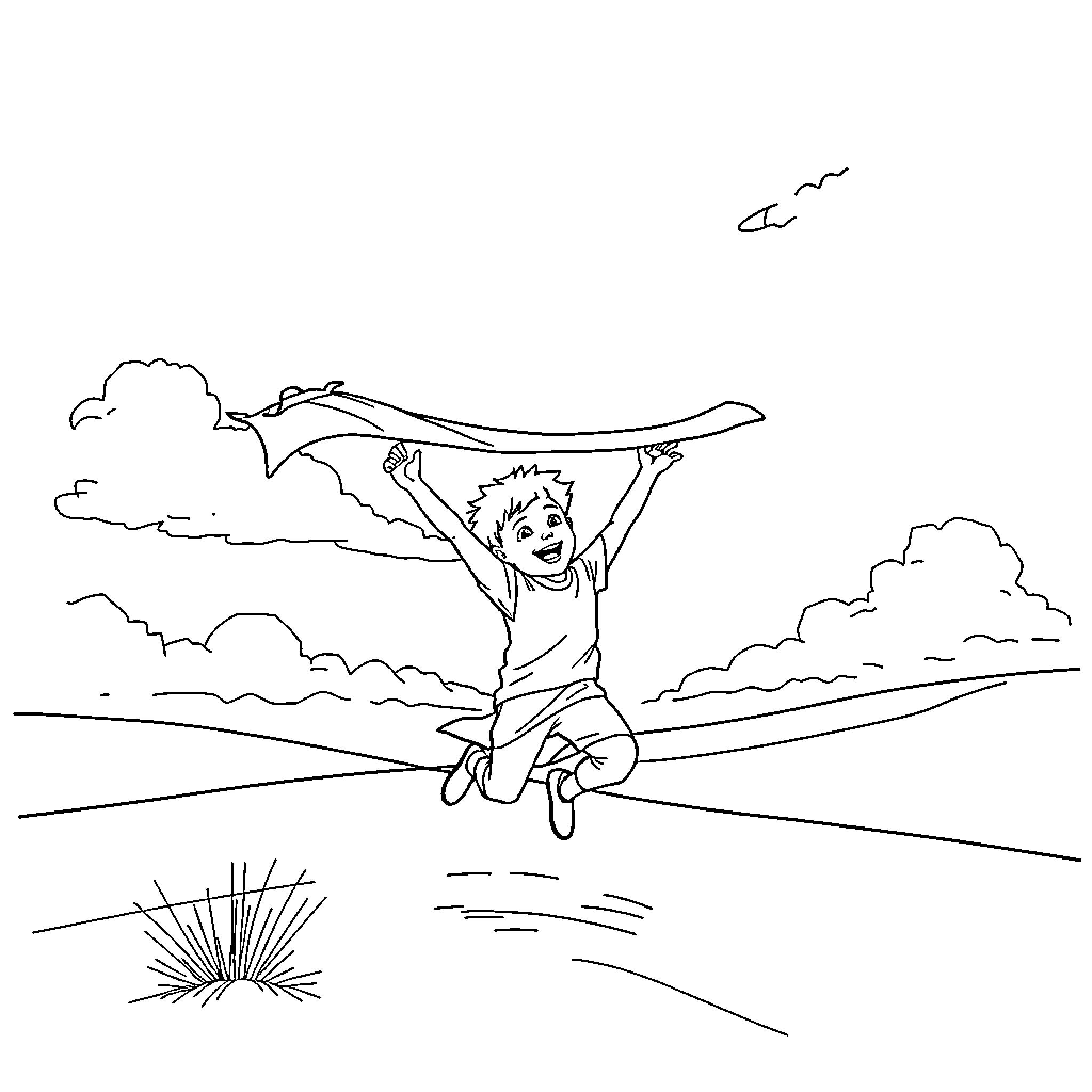 Enfant joyeux courant dans un paysage Coloring Page (free black-and-white line drawing printable PDF for all, from beginners to advanced learners, including children, teens, adults, and seniors)