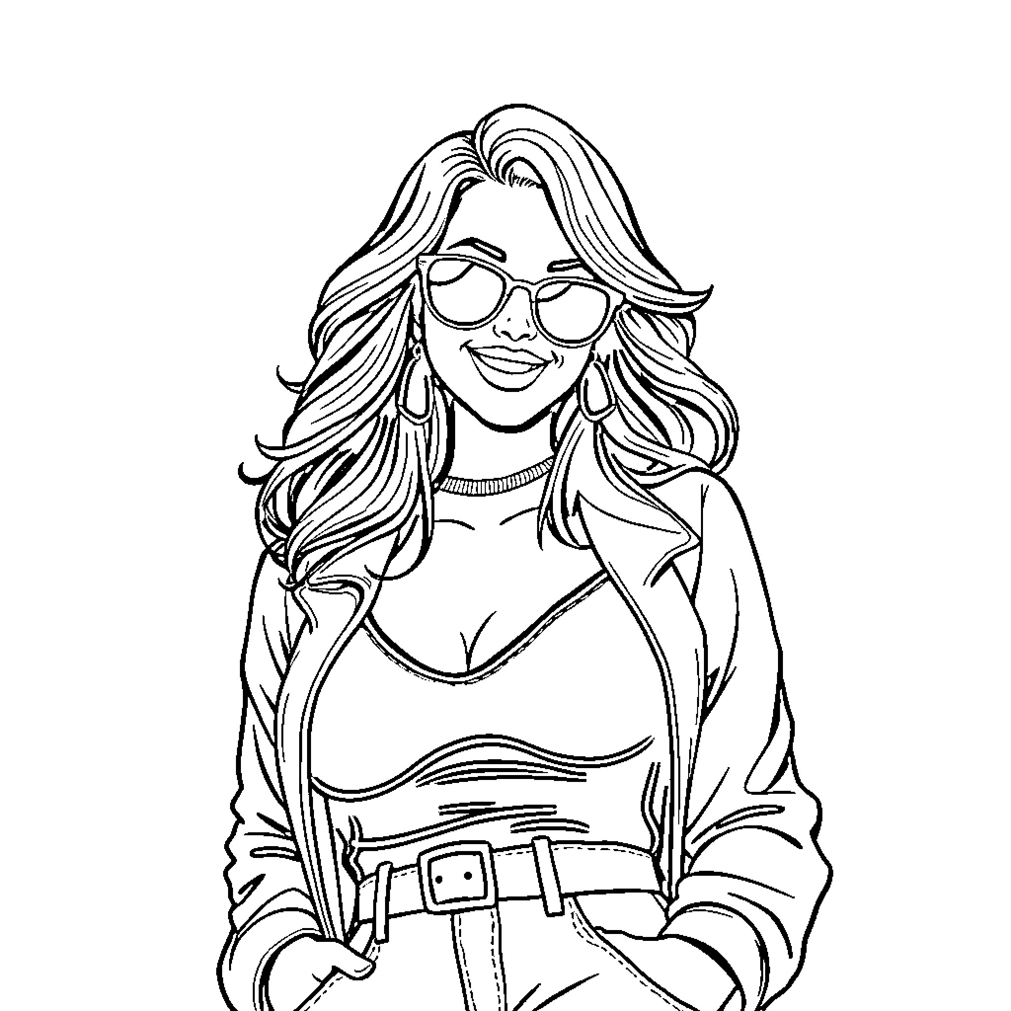 Lady in stylish outfit with wavy hair and sunglasses Coloring Page (free black-and-white line drawing printable PDF for all, from beginners to advanced learners, including children, teens, adults, and seniors)